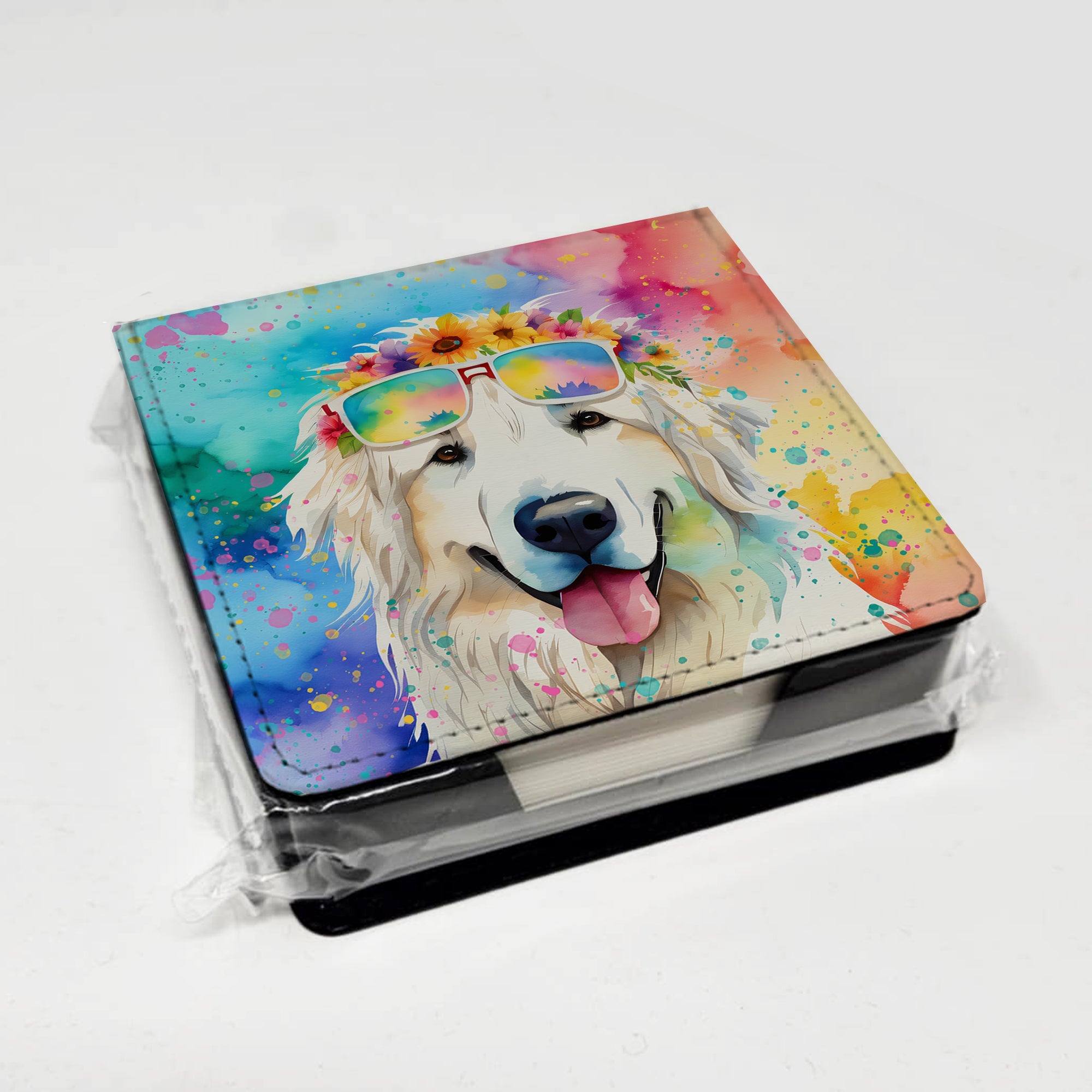 Great Pyrenees Hippie Dawg PU Leather Note Paper Holder with Artist-Designed Cover, Desk Accessory, Office Gift
