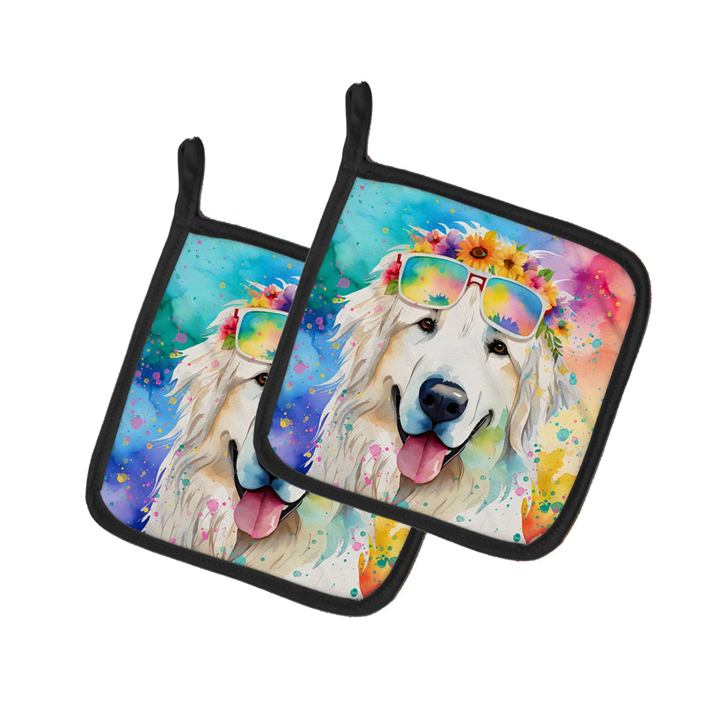 Great Pyrenees Hippie Dawg Pot Holder Set of 2 Heat Resistant Quilted Hot Pads 7.5 x 7.5 Inch, Insulated Kitchen Trivets for Cooking & Baking