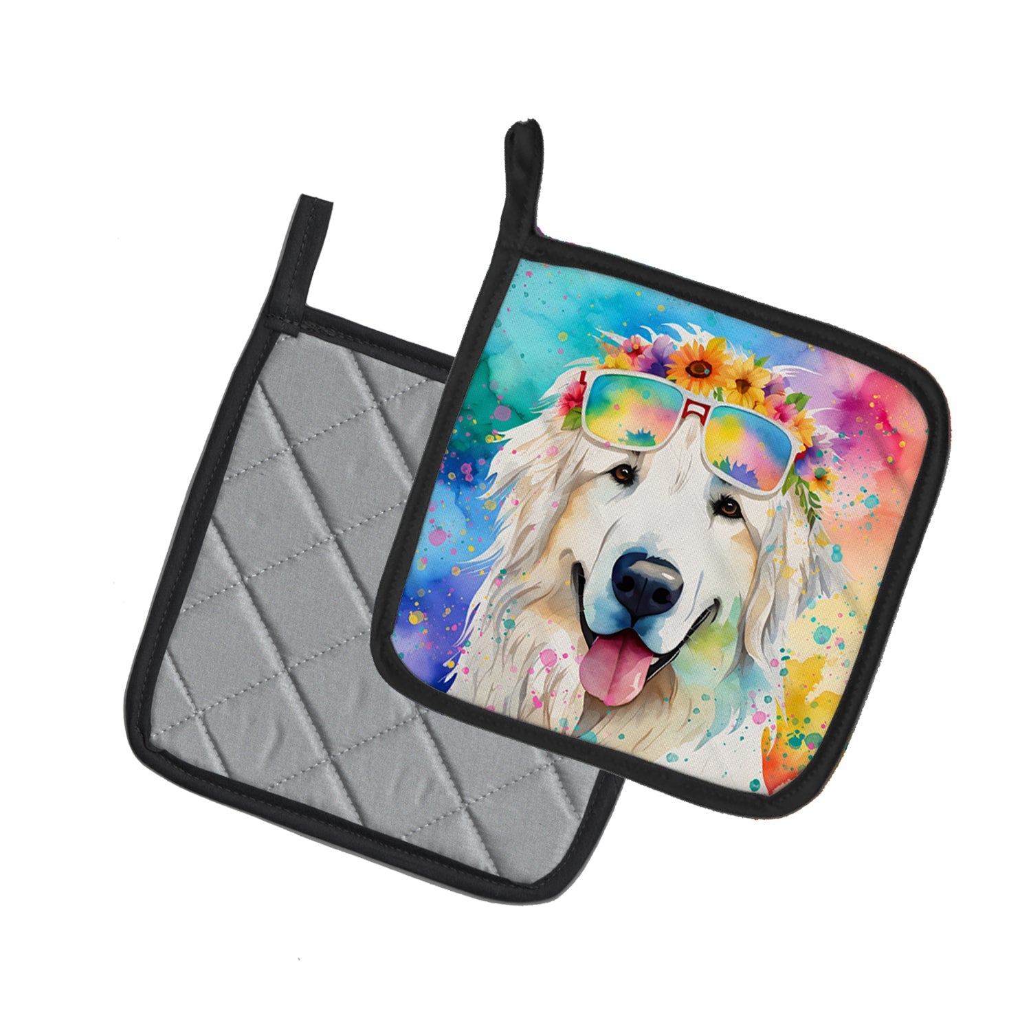 Great Pyrenees Hippie Dawg Pot Holder Set of 2 Heat Resistant Quilted Hot Pads 7.5 x 7.5 Inch, Insulated Kitchen Trivets for Cooking & Baking