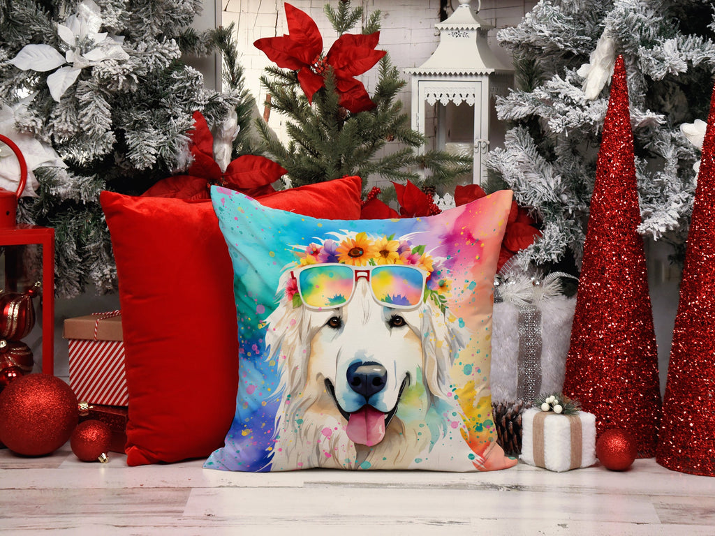 Great Pyrenees Hippie Dawg Decorative Throw Pillow 14x14 Indoor Outdoor Accent Cushion, Fabric Cover with Insert for Sofa, Bed, Porch & Living Room