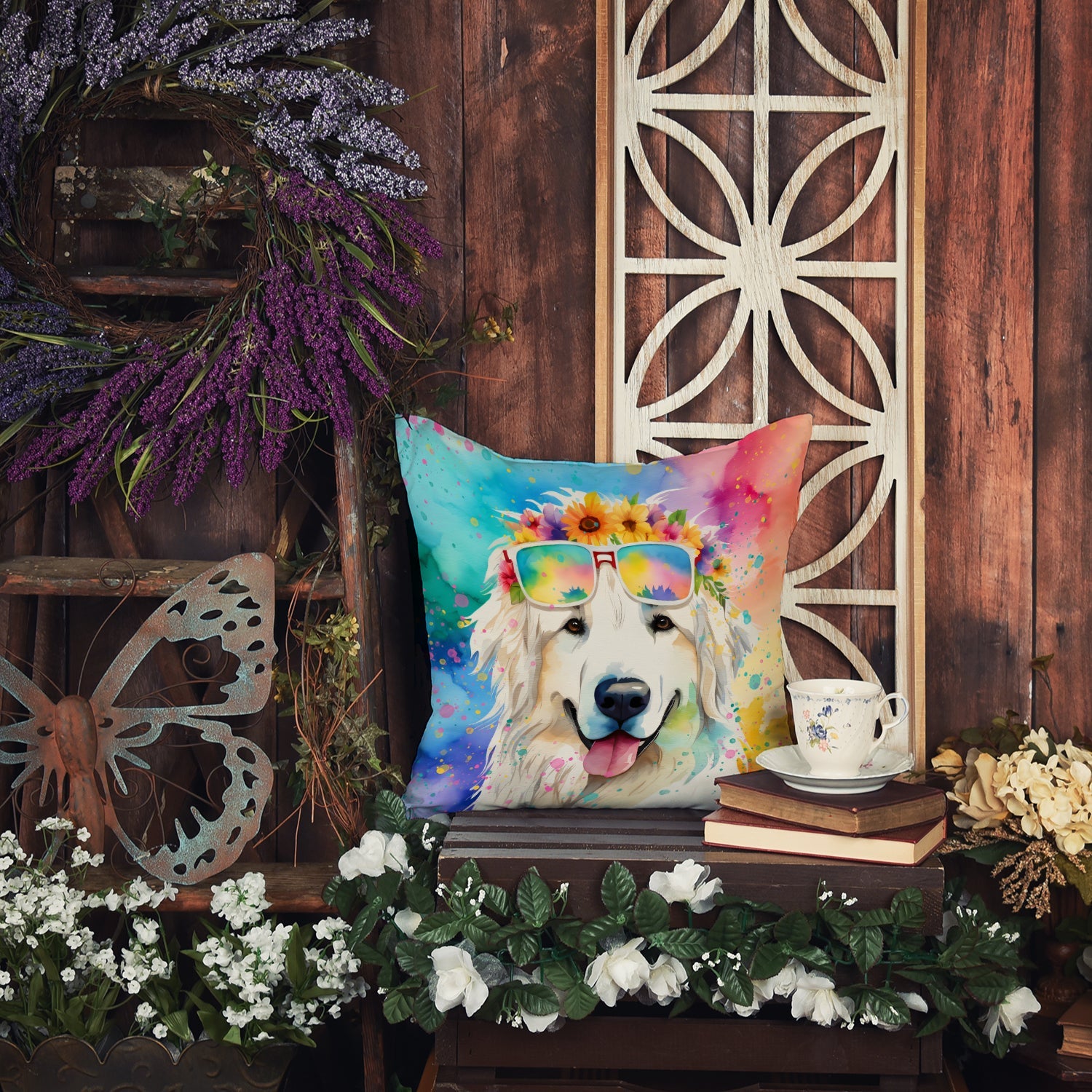 Great Pyrenees Hippie Dawg Decorative Throw Pillow 14x14 Indoor Outdoor Accent Cushion, Fabric Cover with Insert for Sofa, Bed, Porch & Living Room