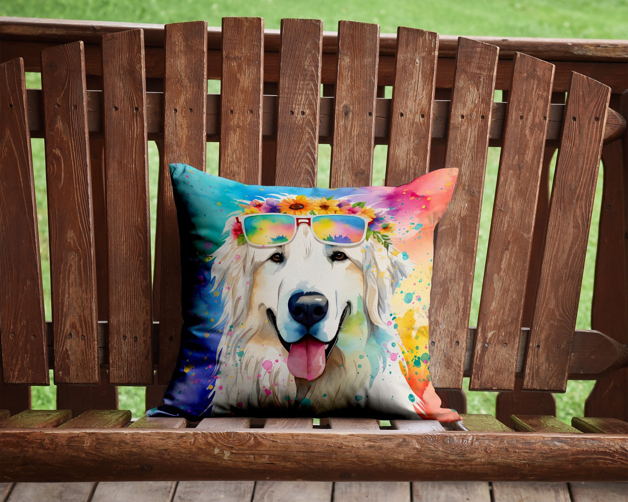 Great Pyrenees Hippie Dawg Decorative Throw Pillow 14x14 Indoor Outdoor Accent Cushion, Fabric Cover with Insert for Sofa, Bed, Porch & Living Room
