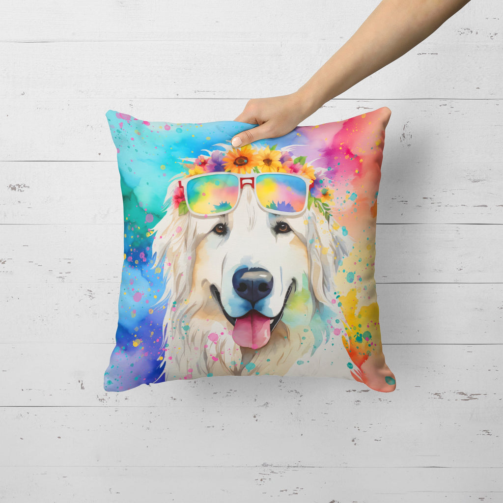Great Pyrenees Hippie Dawg Decorative Throw Pillow 18x18 Indoor Outdoor Accent Cushion, Fabric Cover with Insert for Sofa, Bed, Porch & Living Room
