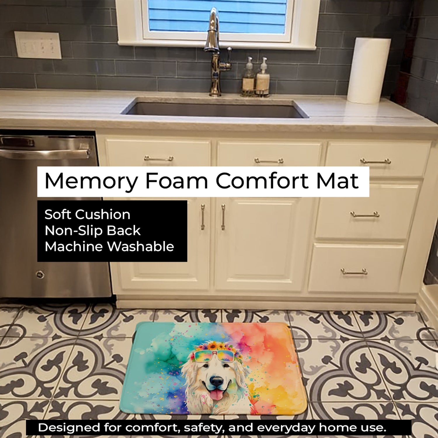 Great Pyrenees Hippie Dawg Memory Foam Kitchen Mat Machine Washable Anti-Fatigue Cushion Comfort Bath or Kitchen Rug