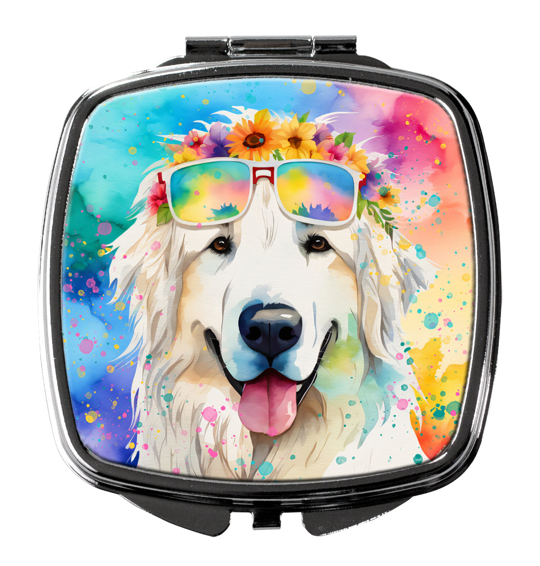 Great Pyrenees Hippie Dawg Compact Mirror Decorative Travel Makeup Mirror for Women Girls Gifts Pocket Makeup Mirror Folding Handheld