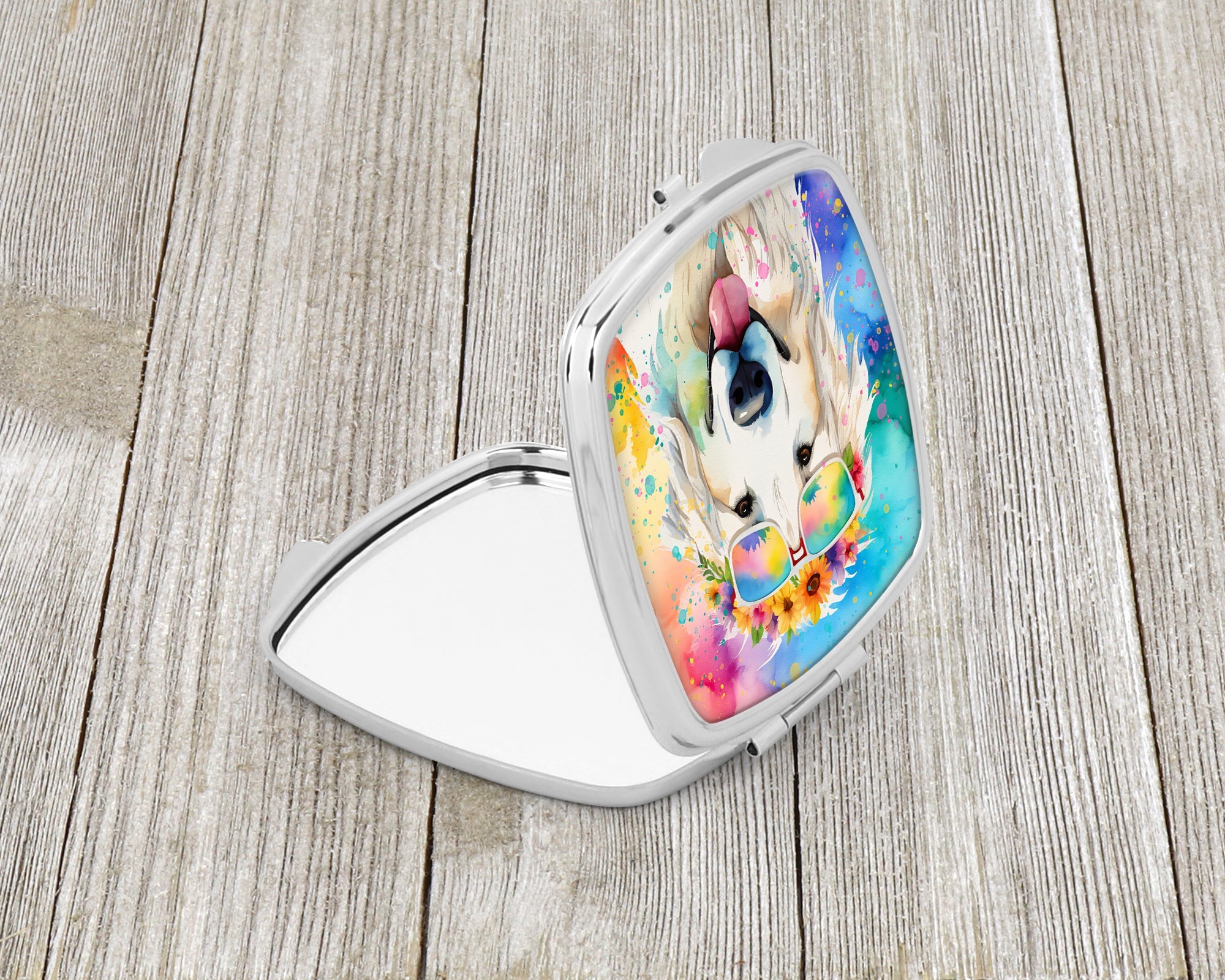 Great Pyrenees Hippie Dawg Compact Mirror Decorative Travel Makeup Mirror for Women Girls Gifts Pocket Makeup Mirror Folding Handheld