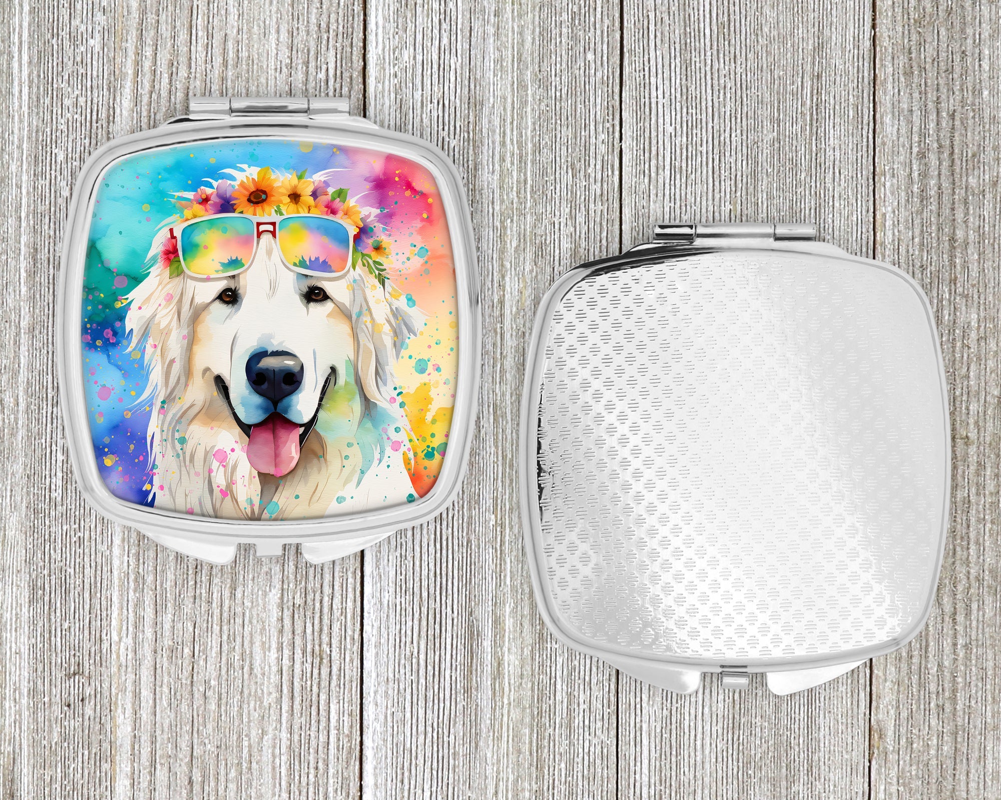 Great Pyrenees Hippie Dawg Compact Mirror Decorative Travel Makeup Mirror for Women Girls Gifts Pocket Makeup Mirror Folding Handheld