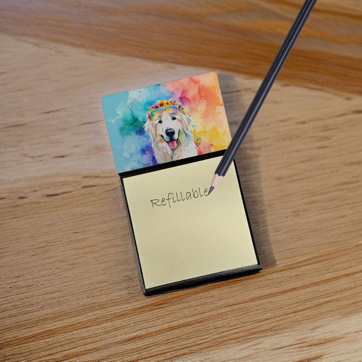 Great Pyrenees Hippie Dawg Watercolor Sticky Note Holder Refillable Dispenser Desk Accessory 3x3 Pad Gift