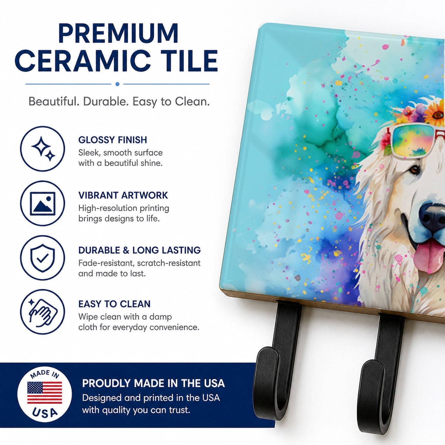 Great Pyrenees Hippie Dawg Leash or Key Holder Wall Hooks, Coat Rack Wall Mount, for Hanging Keys, Towels, Aprons, Leashes