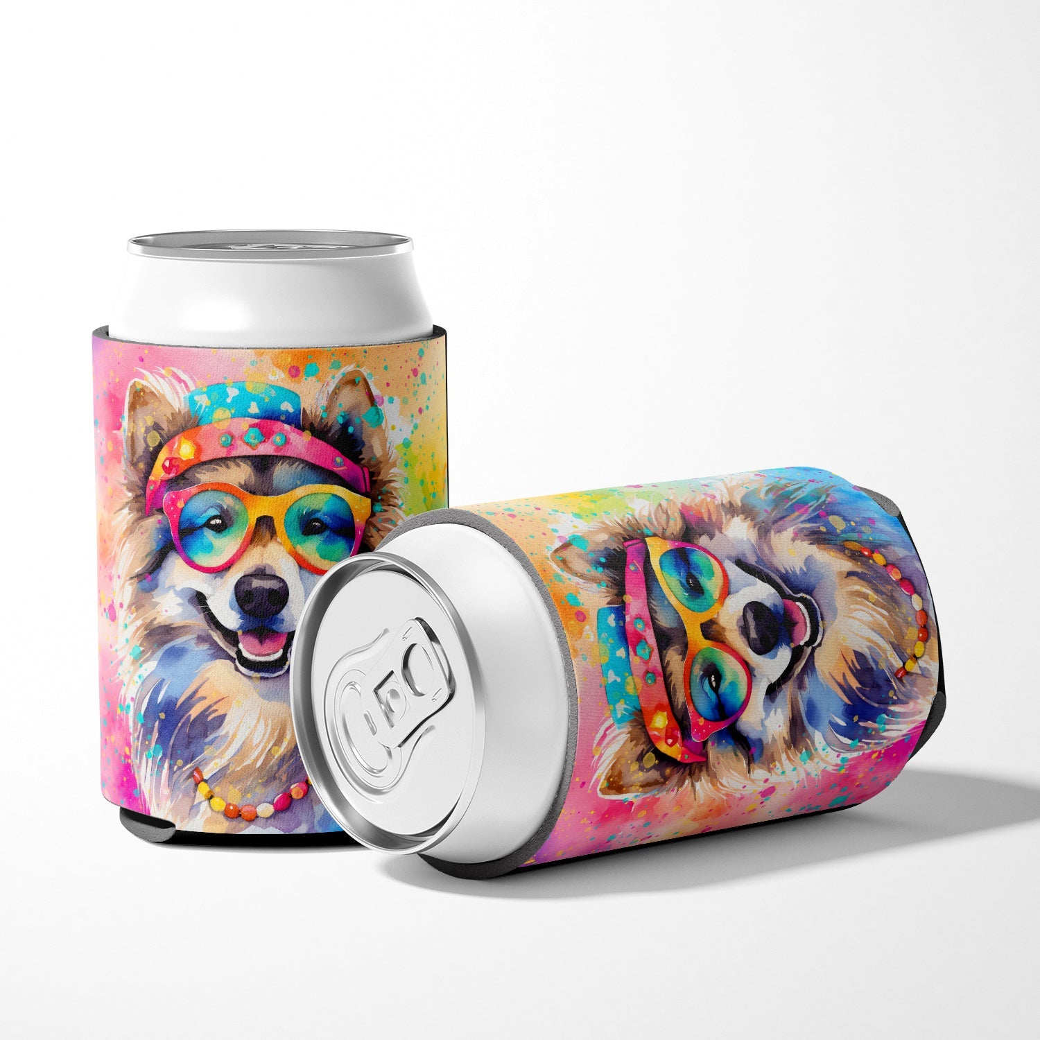 Keeshond Hippie Dawg Can or Bottle Hugger Cooler Sleeve for Standard 12 oz Cans, Insulated Foam Beer & Soda Can Hugger Reusable