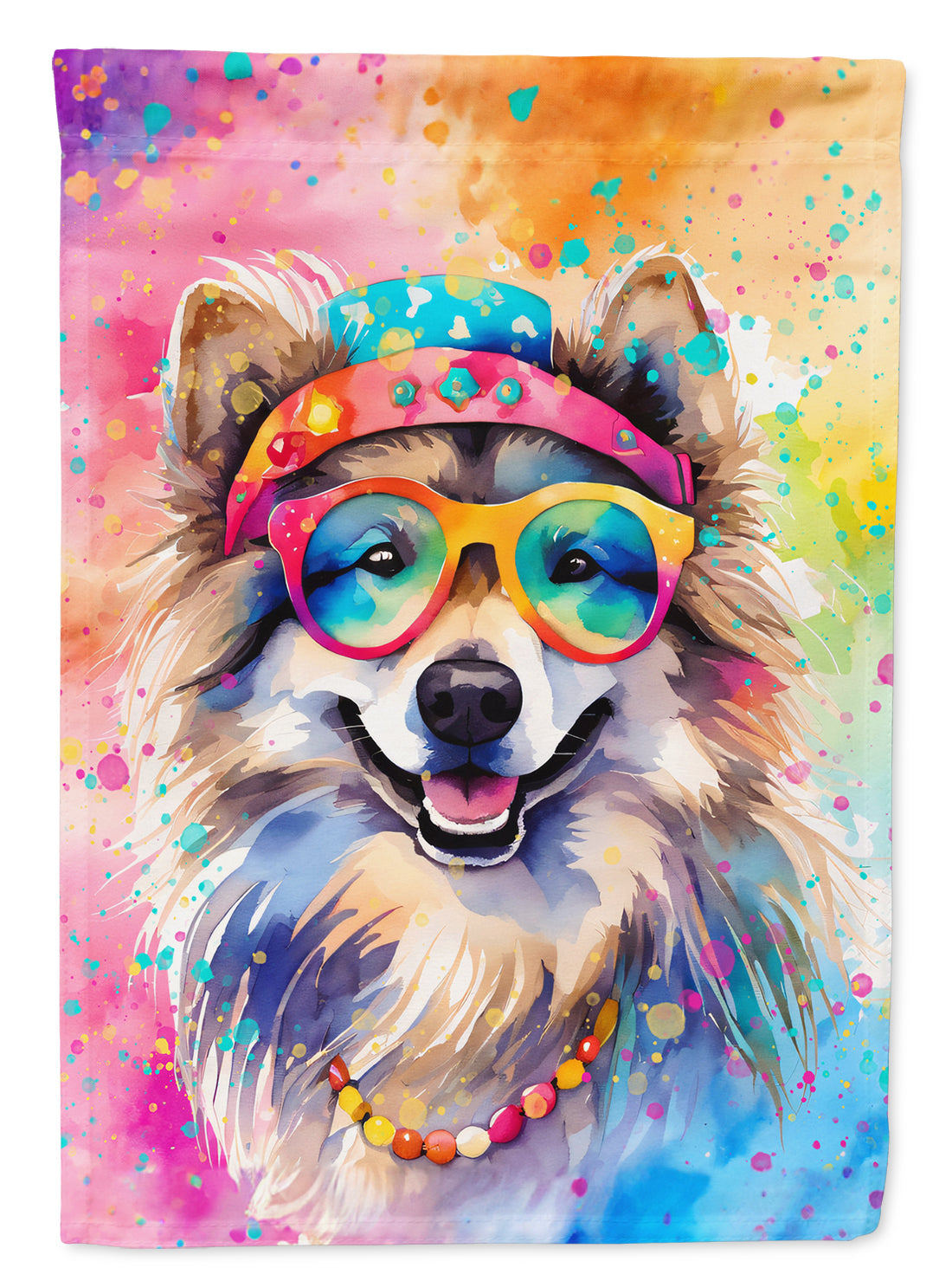 Keeshond Hippie Dawg House Flag 28x40 Porch Sleeve Pole Decorative Outside Yard Banner Artwork Wall Hanging, Polyester