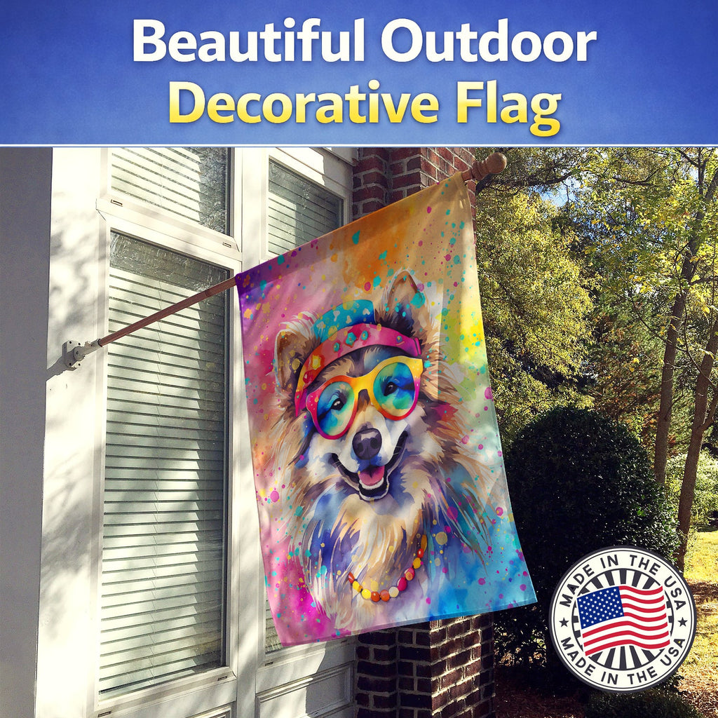 Keeshond Hippie Dawg House Flag 28x40 Porch Sleeve Pole Decorative Outside Yard Banner Artwork Wall Hanging, Polyester