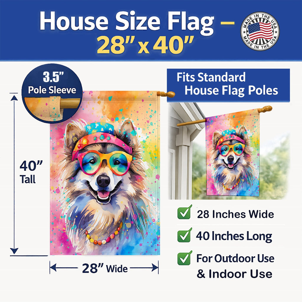 Keeshond Hippie Dawg House Flag 28x40 Porch Sleeve Pole Decorative Outside Yard Banner Artwork Wall Hanging, Polyester
