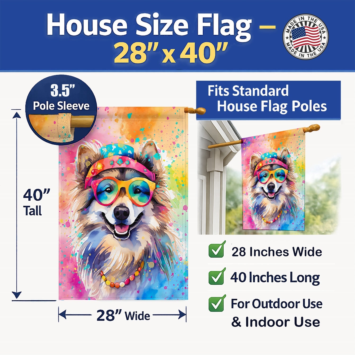 Keeshond Hippie Dawg House Flag 28x40 Porch Sleeve Pole Decorative Outside Yard Banner Artwork Wall Hanging, Polyester