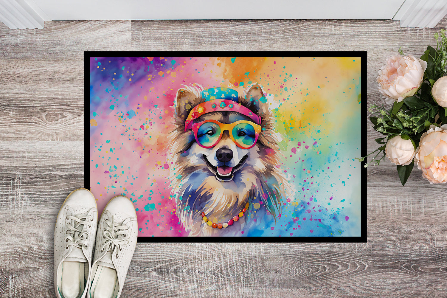 Keeshond Hippie Dawg Doormat Indoor Outdoor 24H X 36W Front Door Mat Rugs for Entryway, Non Slip Washable Low Pile,