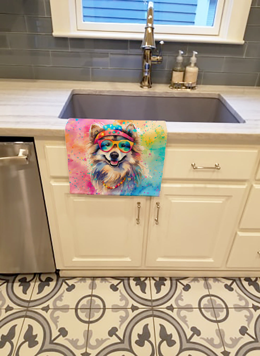 Keeshond Hippie Dawg Kitchen Towel Velour Plush Front and Cotton Loop Back Machine Washable