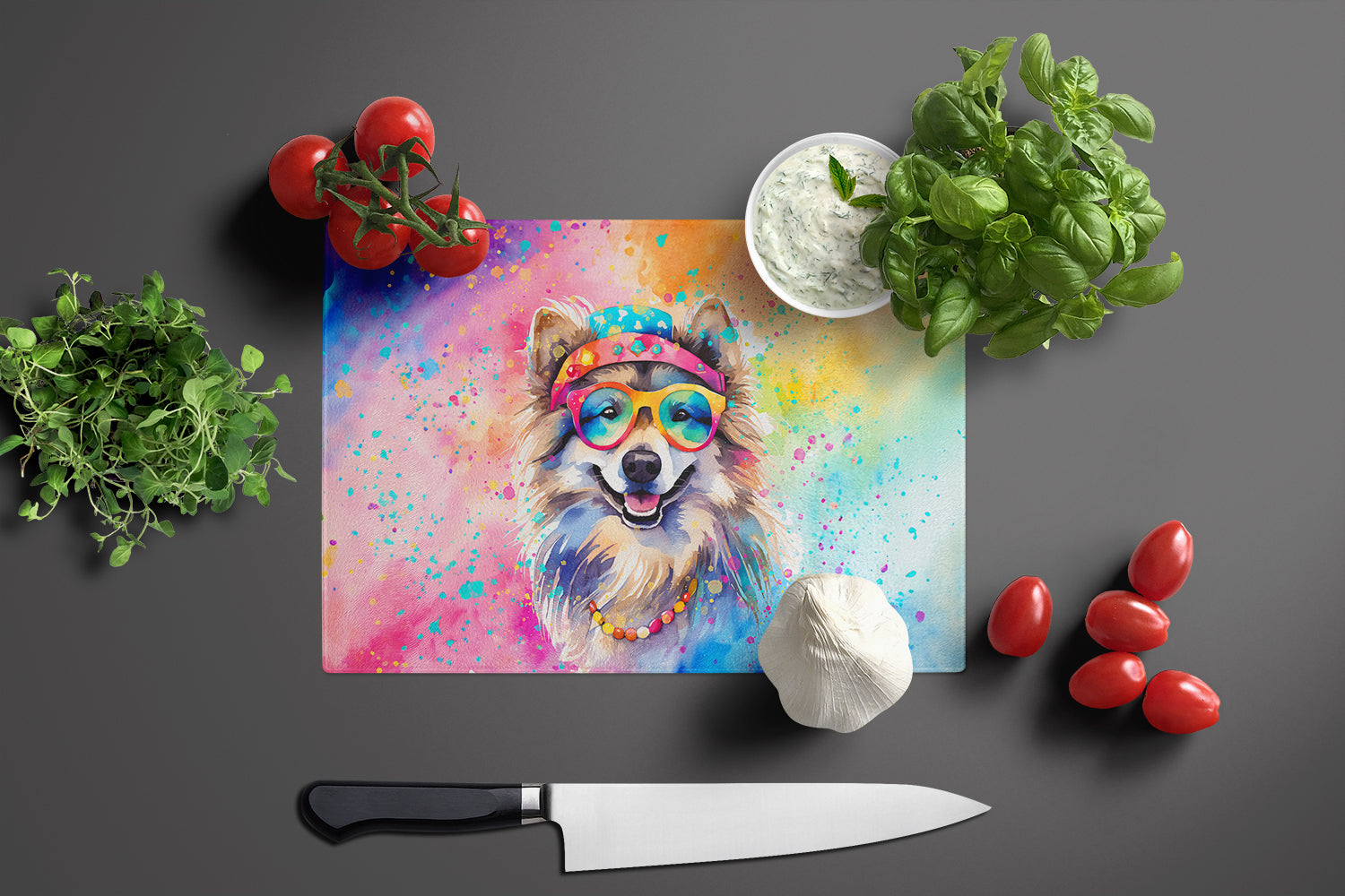 Keeshond Hippie Dawg Cutting Board Tempered Glass Kitchen Cutting Surface, Heat Resistant Chopping, Non-Slip Feet, Food Prep & Serving