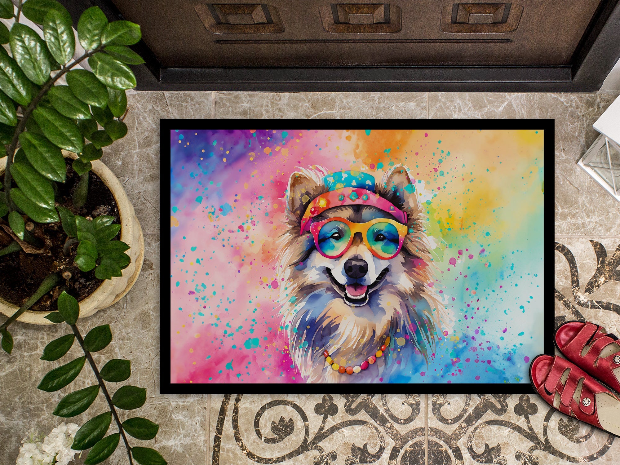 Keeshond Hippie Dawg Doormat Indoor Outdoor 18H X 27W Front Door Mat Rugs for Entryway, Non Slip Washable