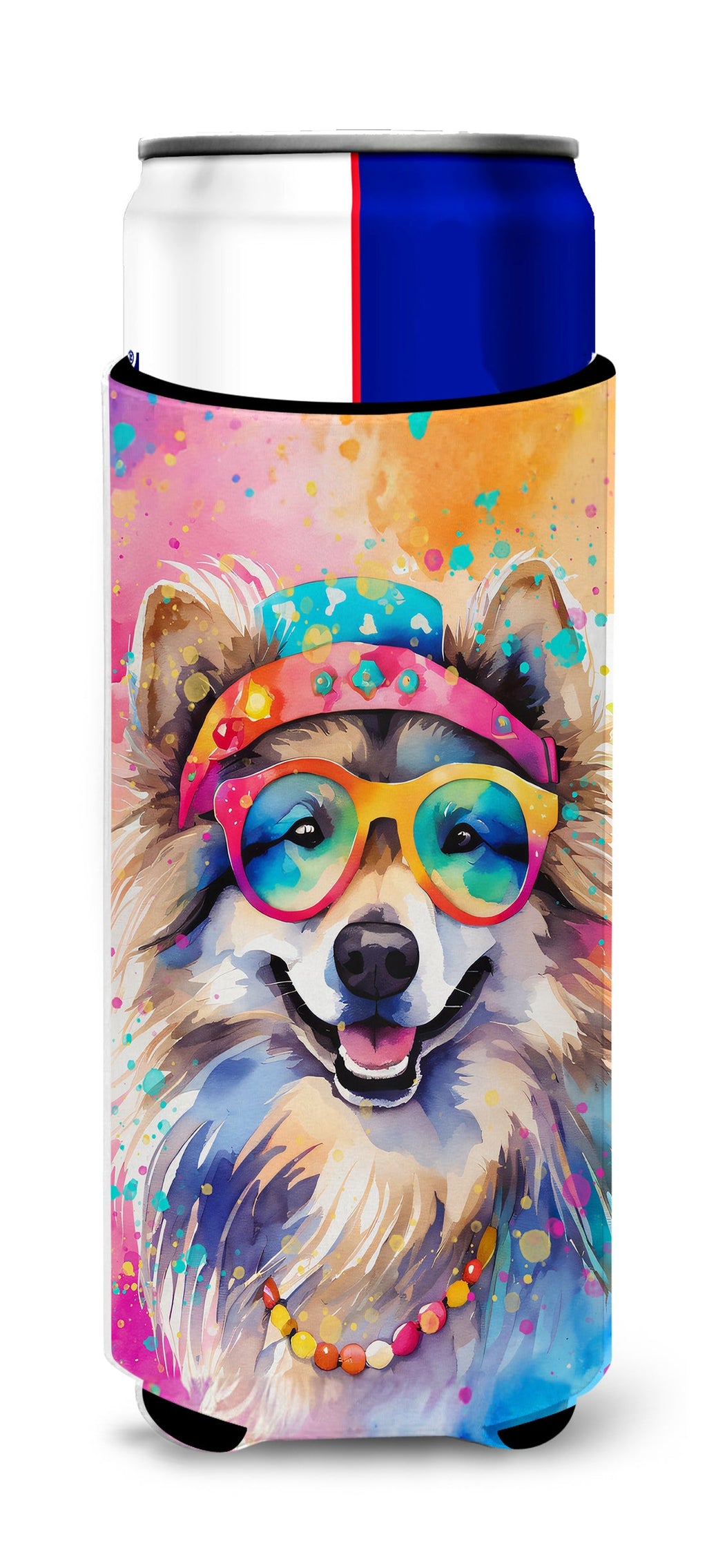 Keeshond Hippie Dawg Slim Can Hugger , Insulated Foam Hugger for 12 oz Slim Cans, Beer Bottles & Water Bottles, Printed in USA