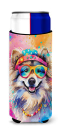 Keeshond Hippie Dawg Slim Can Hugger , Insulated Foam Hugger for 12 oz Slim Cans, Beer Bottles & Water Bottles, Printed in USA