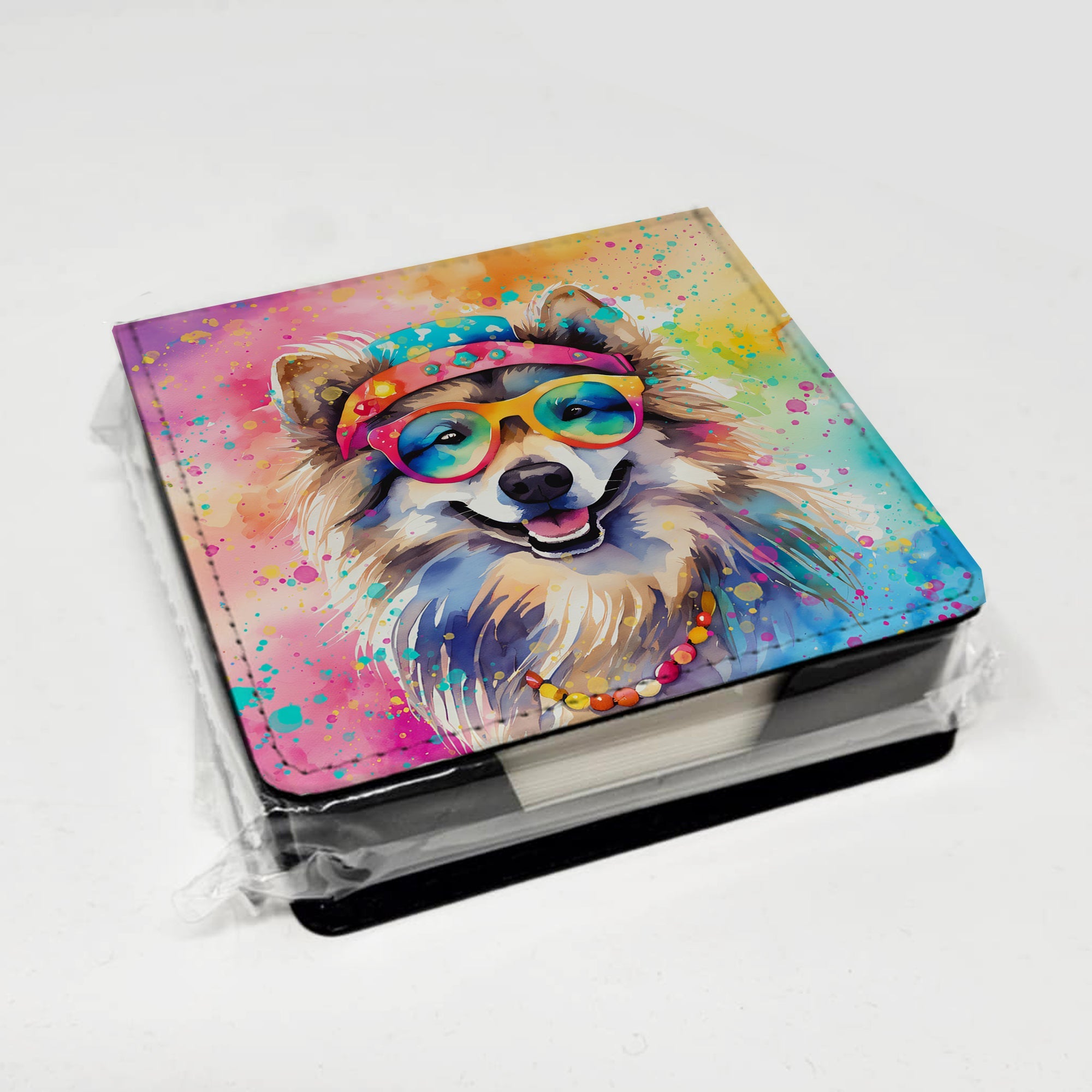 Keeshond Hippie Dawg PU Leather Note Paper Holder with Artist-Designed Cover, Desk Accessory, Office Gift
