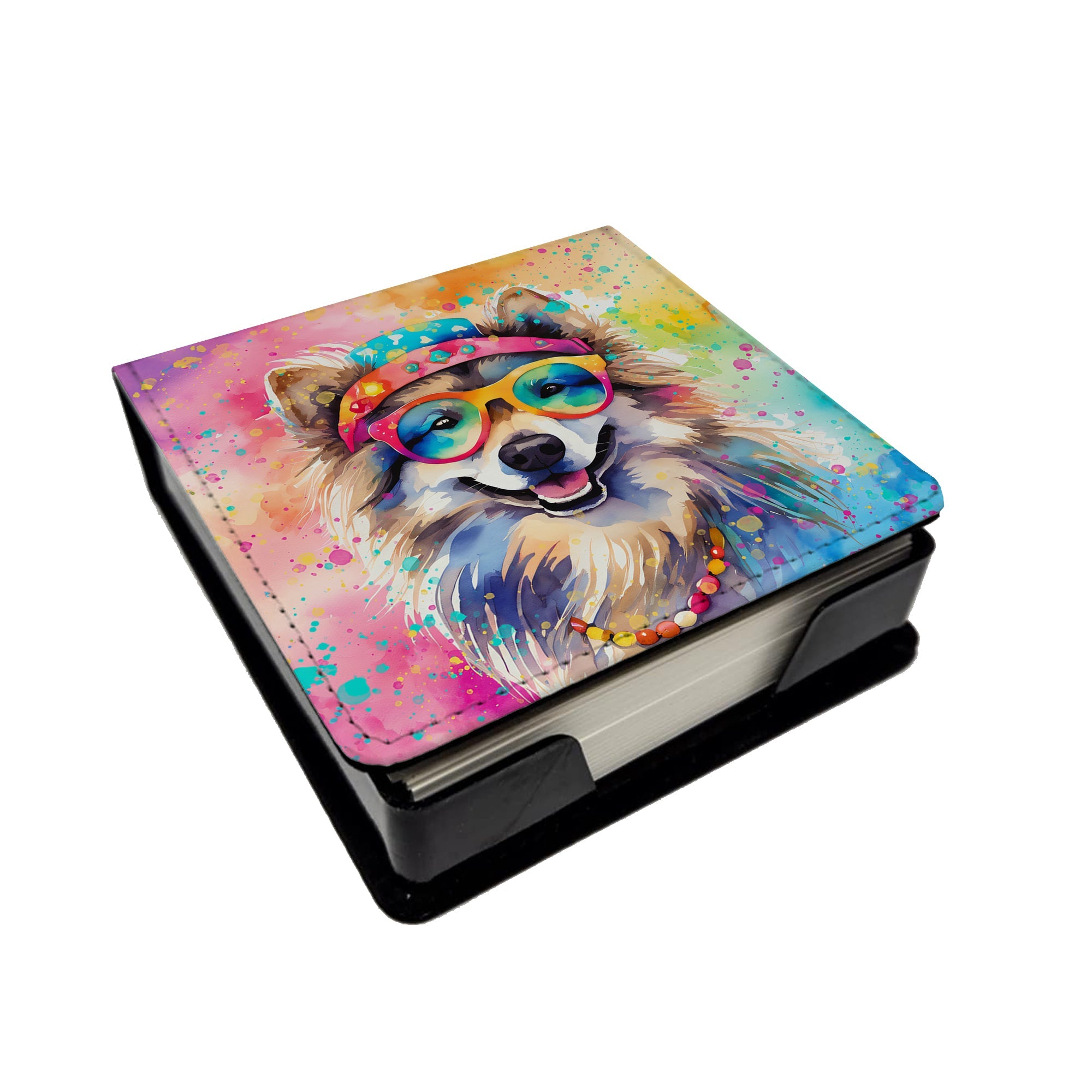 Keeshond Hippie Dawg PU Leather Note Paper Holder with Artist-Designed Cover, Desk Accessory, Office Gift