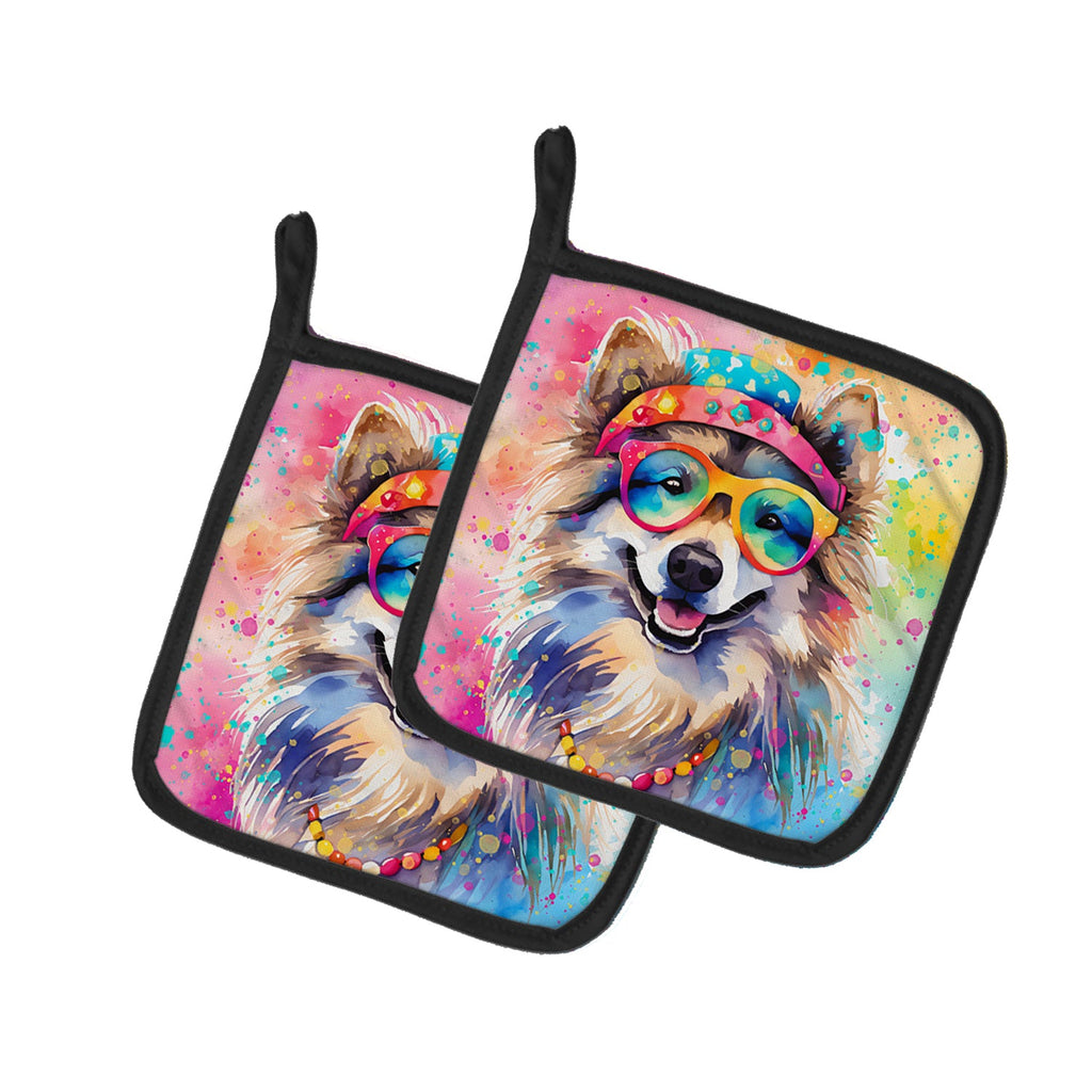 Keeshond Hippie Dawg Pot Holder Set of 2 Heat Resistant Quilted Hot Pads 7.5 x 7.5 Inch, Insulated Kitchen Trivets for Cooking & Baking