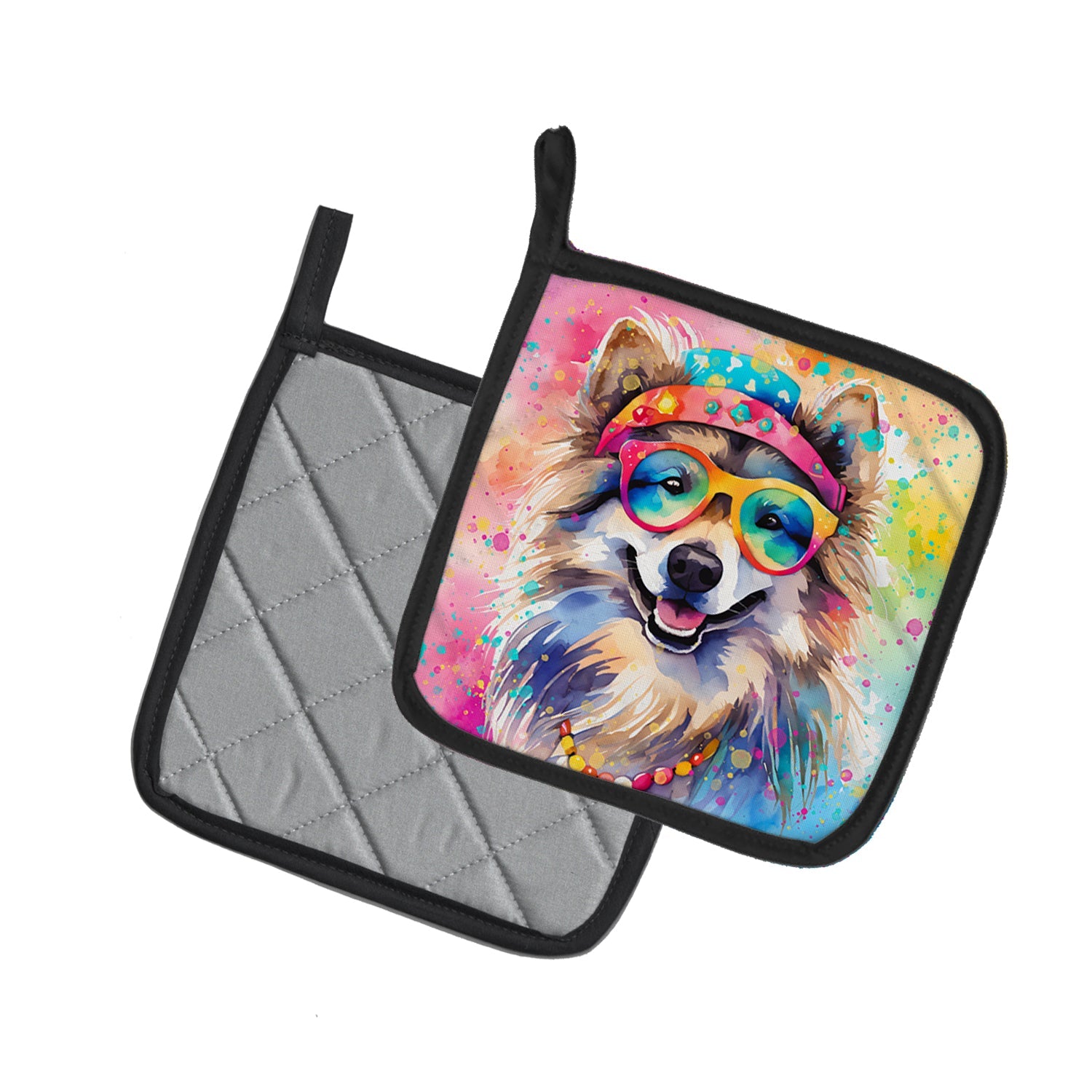 Keeshond Hippie Dawg Pot Holder Set of 2 Heat Resistant Quilted Hot Pads 7.5 x 7.5 Inch, Insulated Kitchen Trivets for Cooking & Baking