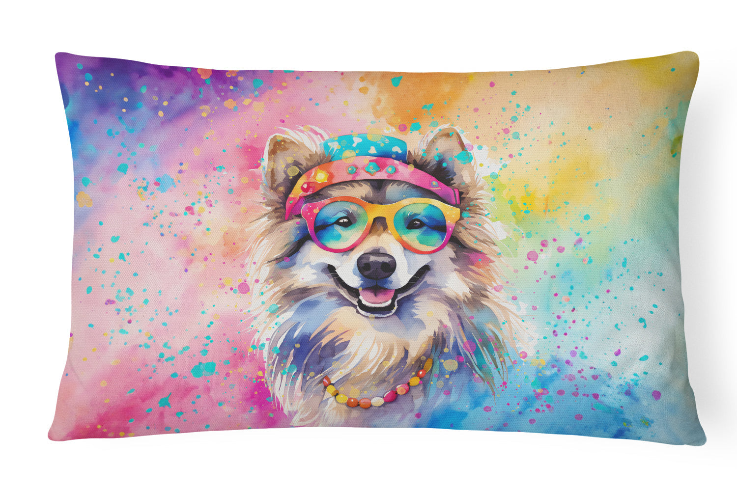 Keeshond Hippie Dawg Decorative Throw Pillow 12x16 Indoor Outdoor Accent Cushion, Fabric Cover with Insert for Sofa, Bed, Porch & Living Room