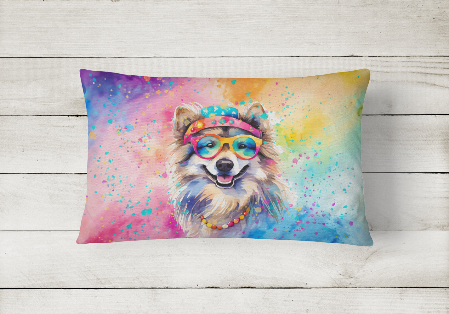Keeshond Hippie Dawg Decorative Throw Pillow 12x16 Indoor Outdoor Accent Cushion, Fabric Cover with Insert for Sofa, Bed, Porch & Living Room
