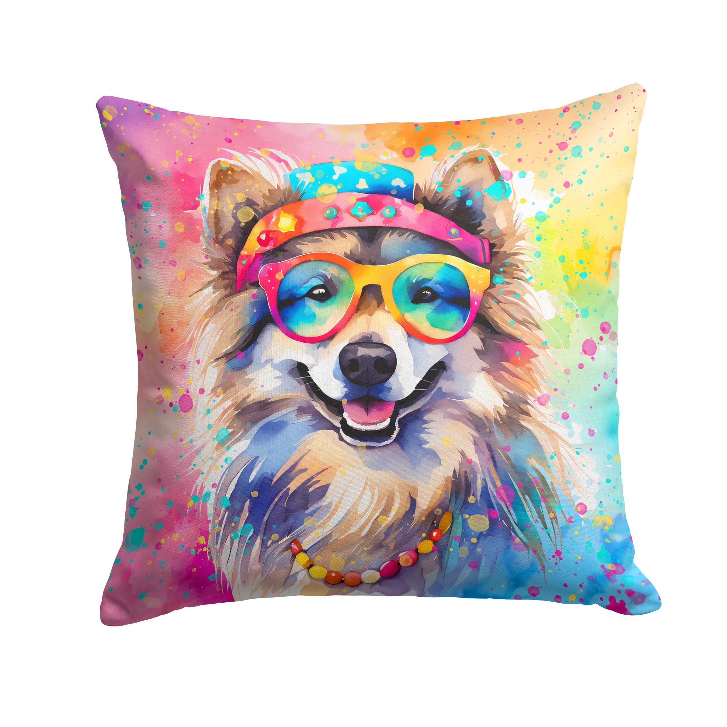 Keeshond Hippie Dawg Decorative Throw Pillow 14x14 Indoor Outdoor Accent Cushion, Fabric Cover with Insert for Sofa, Bed, Porch & Living Room