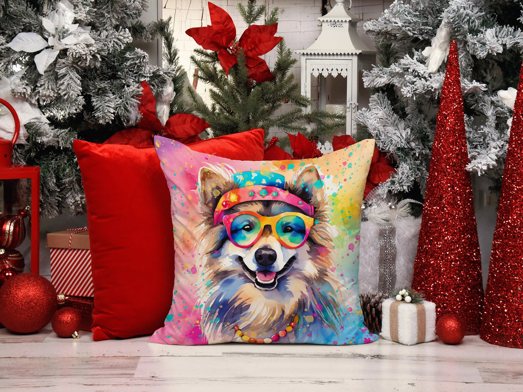Keeshond Hippie Dawg Decorative Throw Pillow 14x14 Indoor Outdoor Accent Cushion, Fabric Cover with Insert for Sofa, Bed, Porch & Living Room