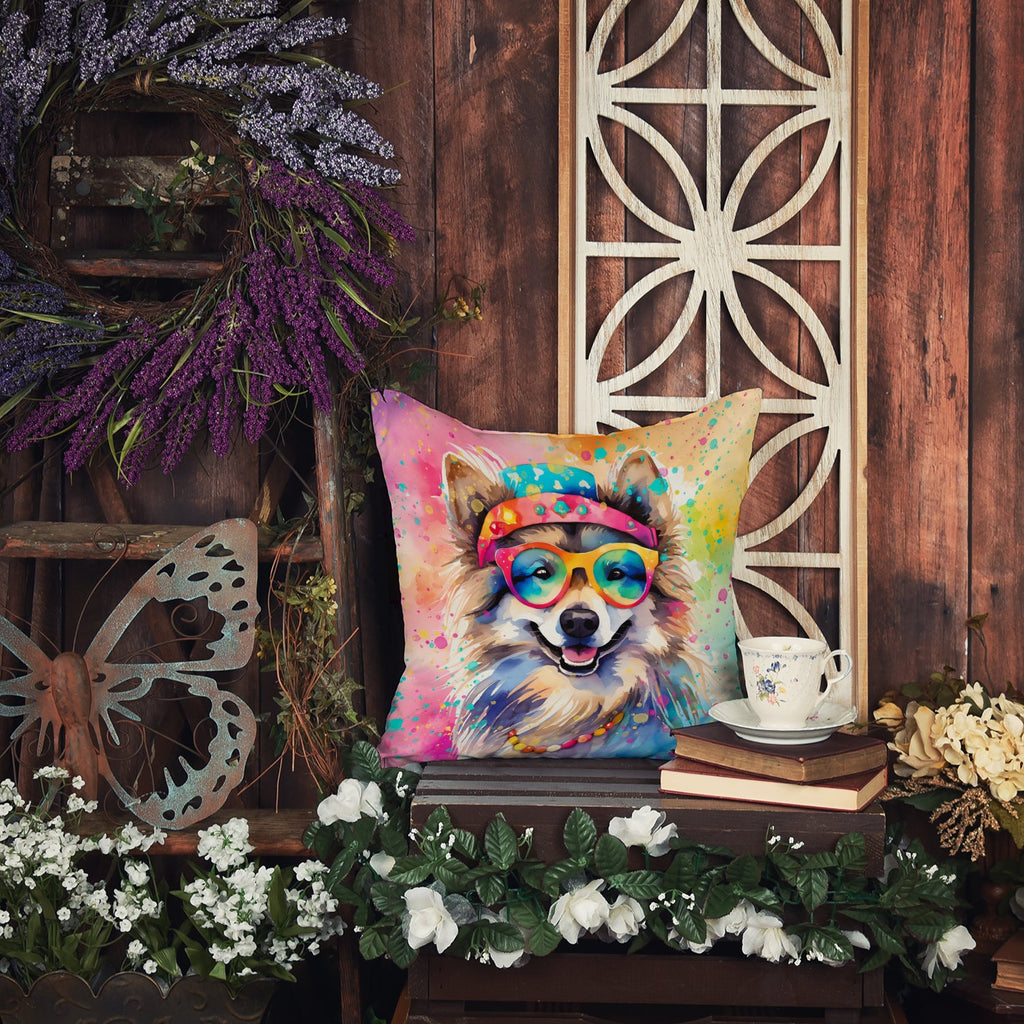 Keeshond Hippie Dawg Decorative Throw Pillow 14x14 Indoor Outdoor Accent Cushion, Fabric Cover with Insert for Sofa, Bed, Porch & Living Room