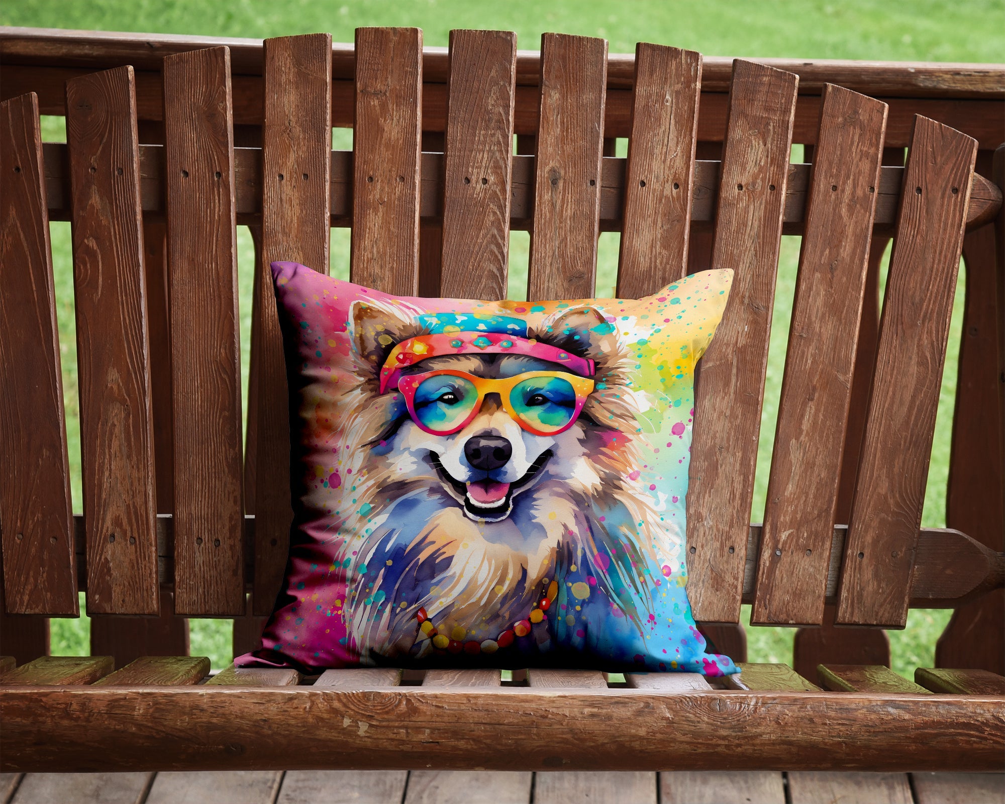 Keeshond Hippie Dawg Decorative Throw Pillow 14x14 Indoor Outdoor Accent Cushion, Fabric Cover with Insert for Sofa, Bed, Porch & Living Room