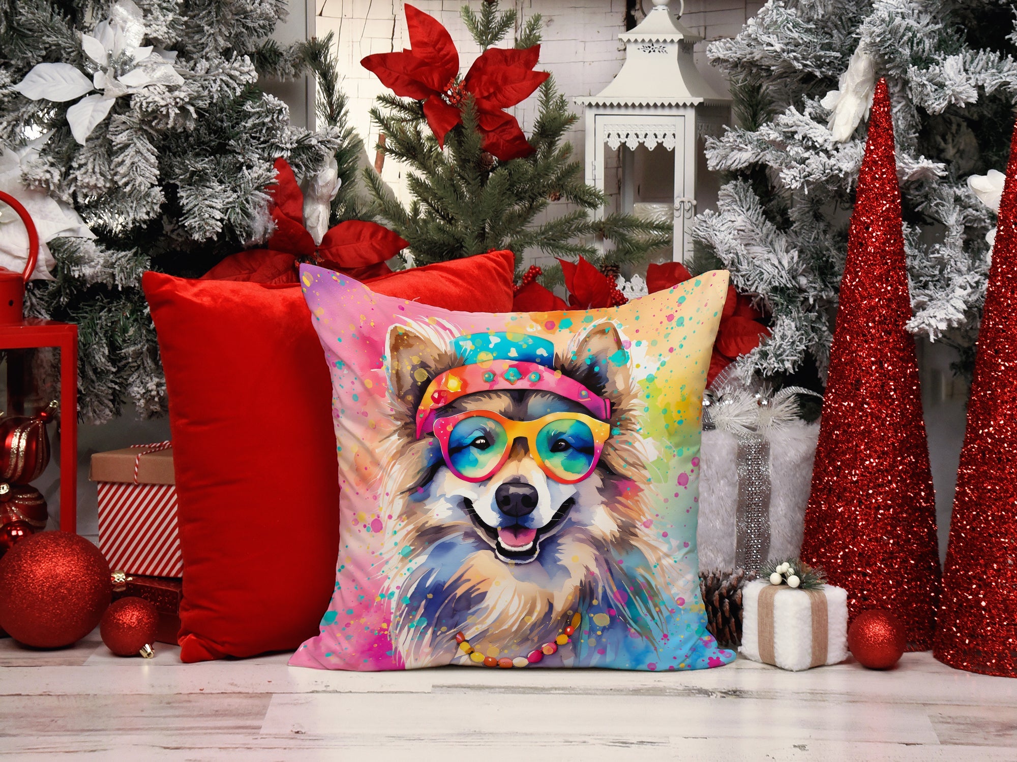 Keeshond Hippie Dawg Decorative Throw Pillow 18x18 Indoor Outdoor Accent Cushion, Fabric Cover with Insert for Sofa, Bed, Porch & Living Room