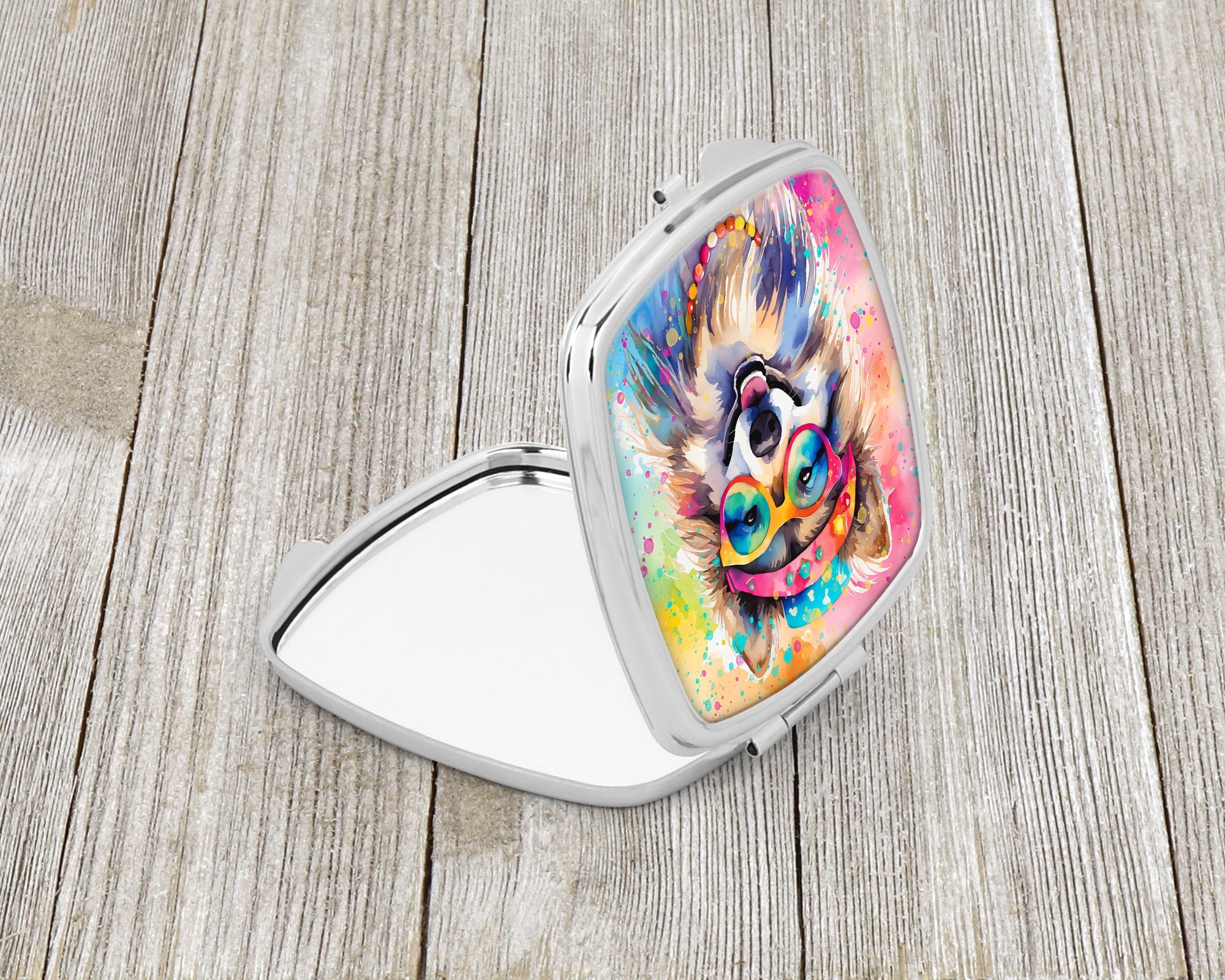 Keeshond Hippie Dawg Compact Mirror Decorative Travel Makeup Mirror for Women Girls Gifts Pocket Makeup Mirror Folding Handheld