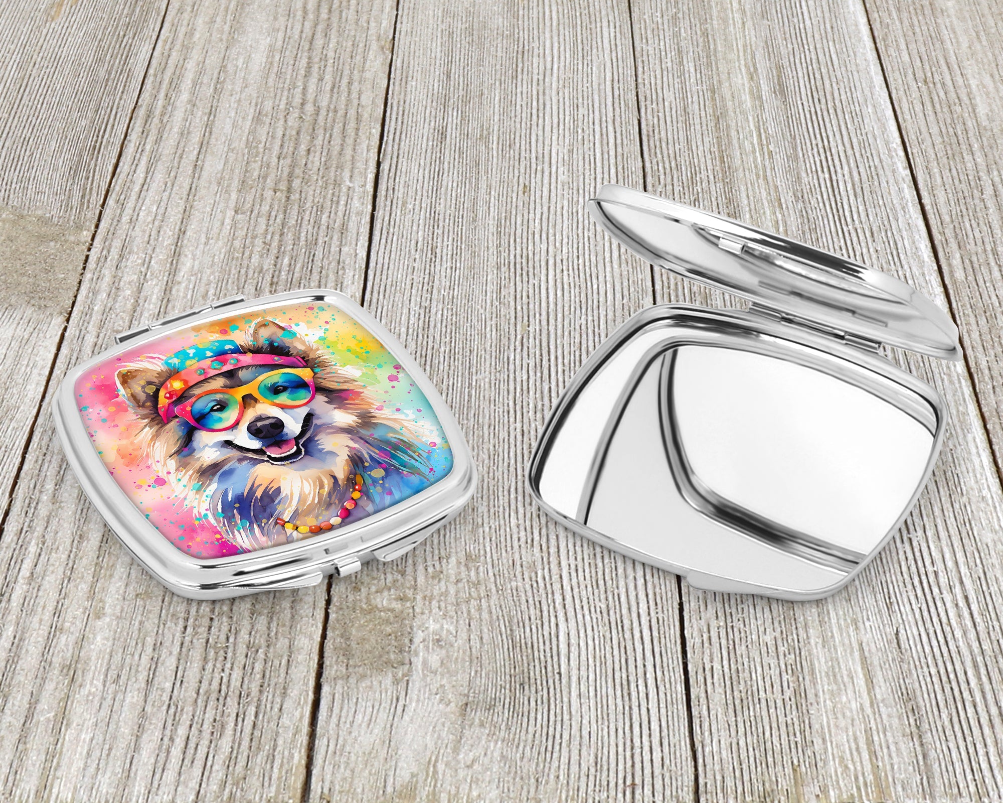 Keeshond Hippie Dawg Compact Mirror Decorative Travel Makeup Mirror for Women Girls Gifts Pocket Makeup Mirror Folding Handheld