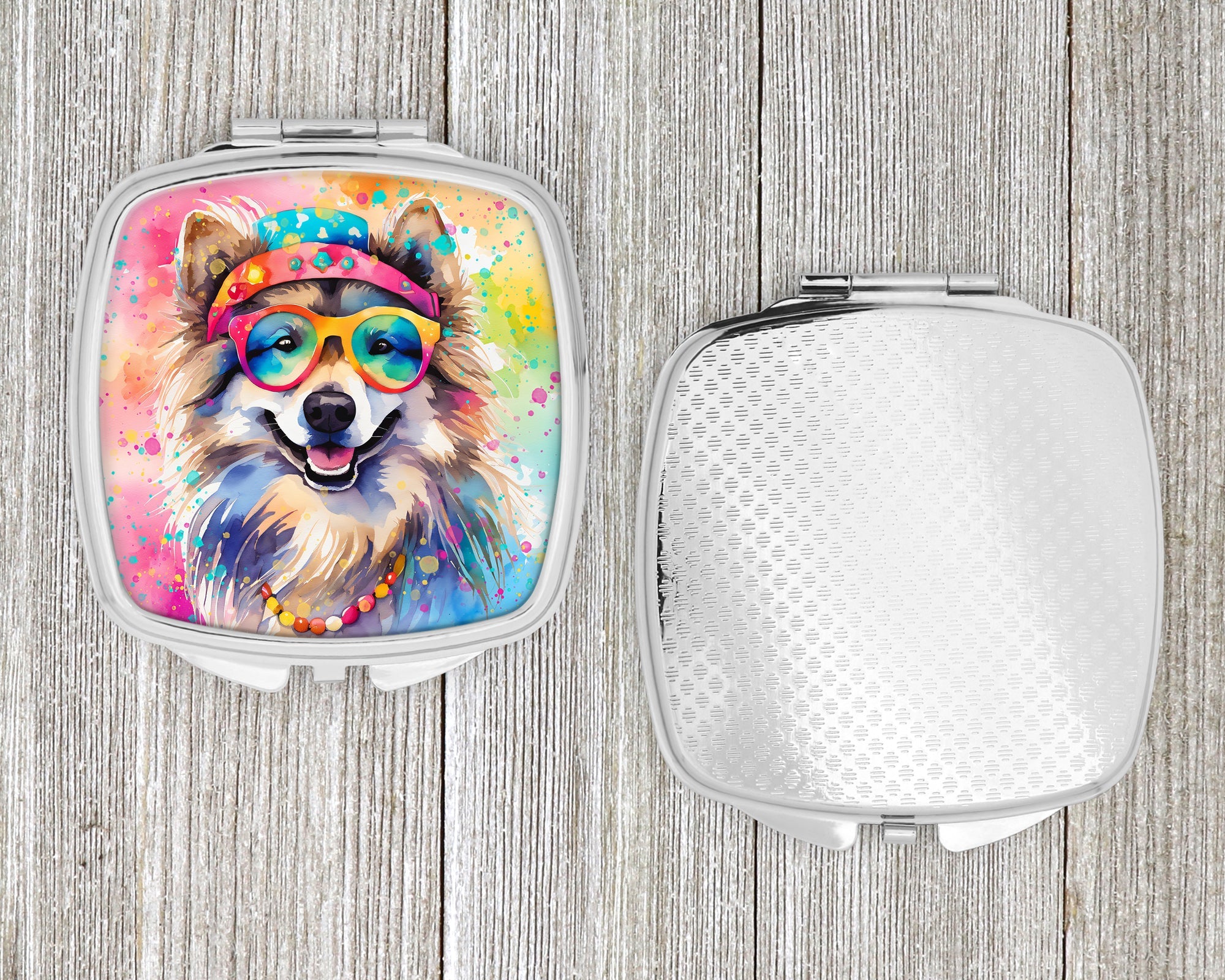 Keeshond Hippie Dawg Compact Mirror Decorative Travel Makeup Mirror for Women Girls Gifts Pocket Makeup Mirror Folding Handheld