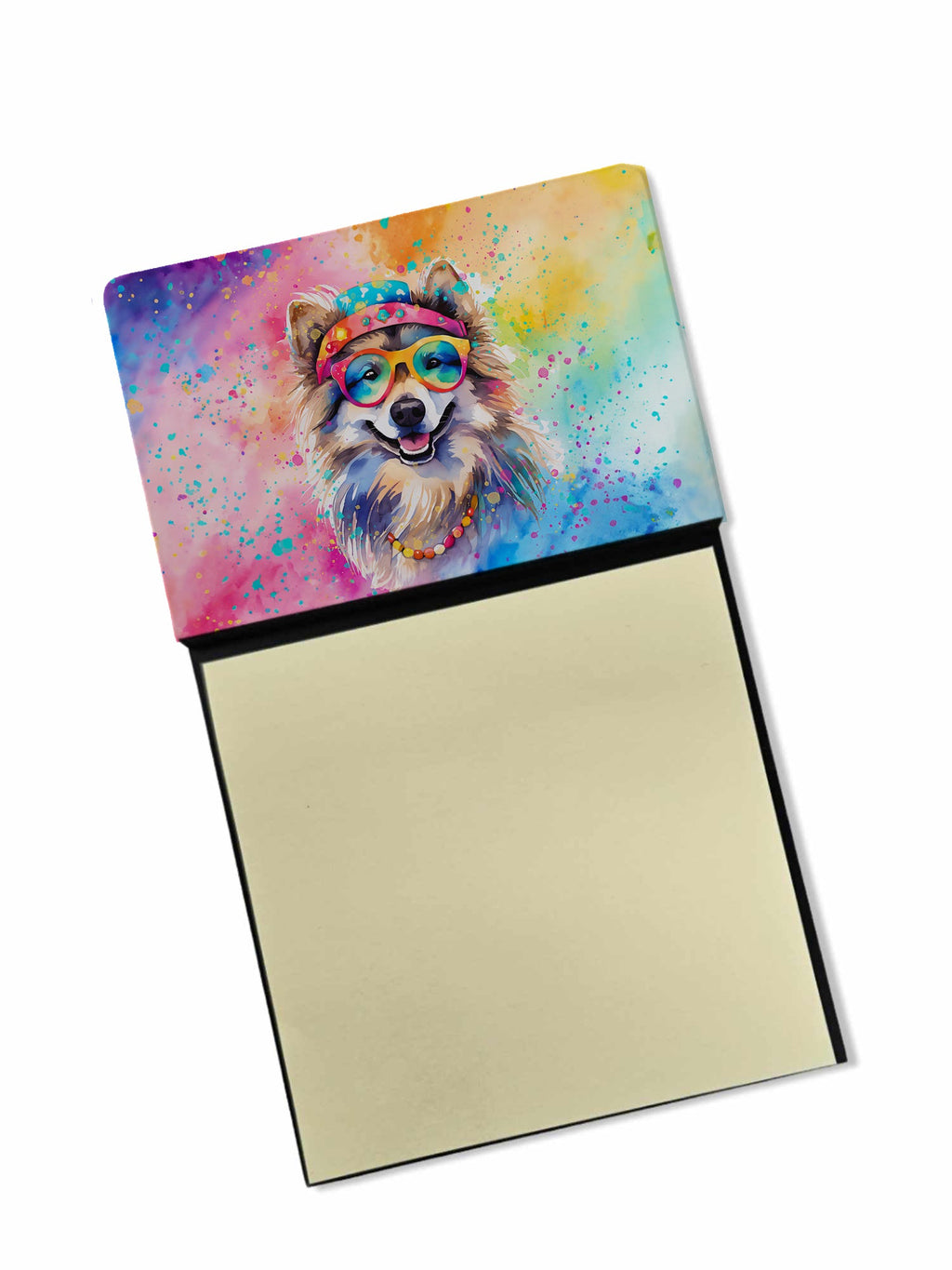 Keeshond Hippie Dawg Watercolor Sticky Note Holder Refillable Dispenser Desk Accessory 3x3 Pad Gift