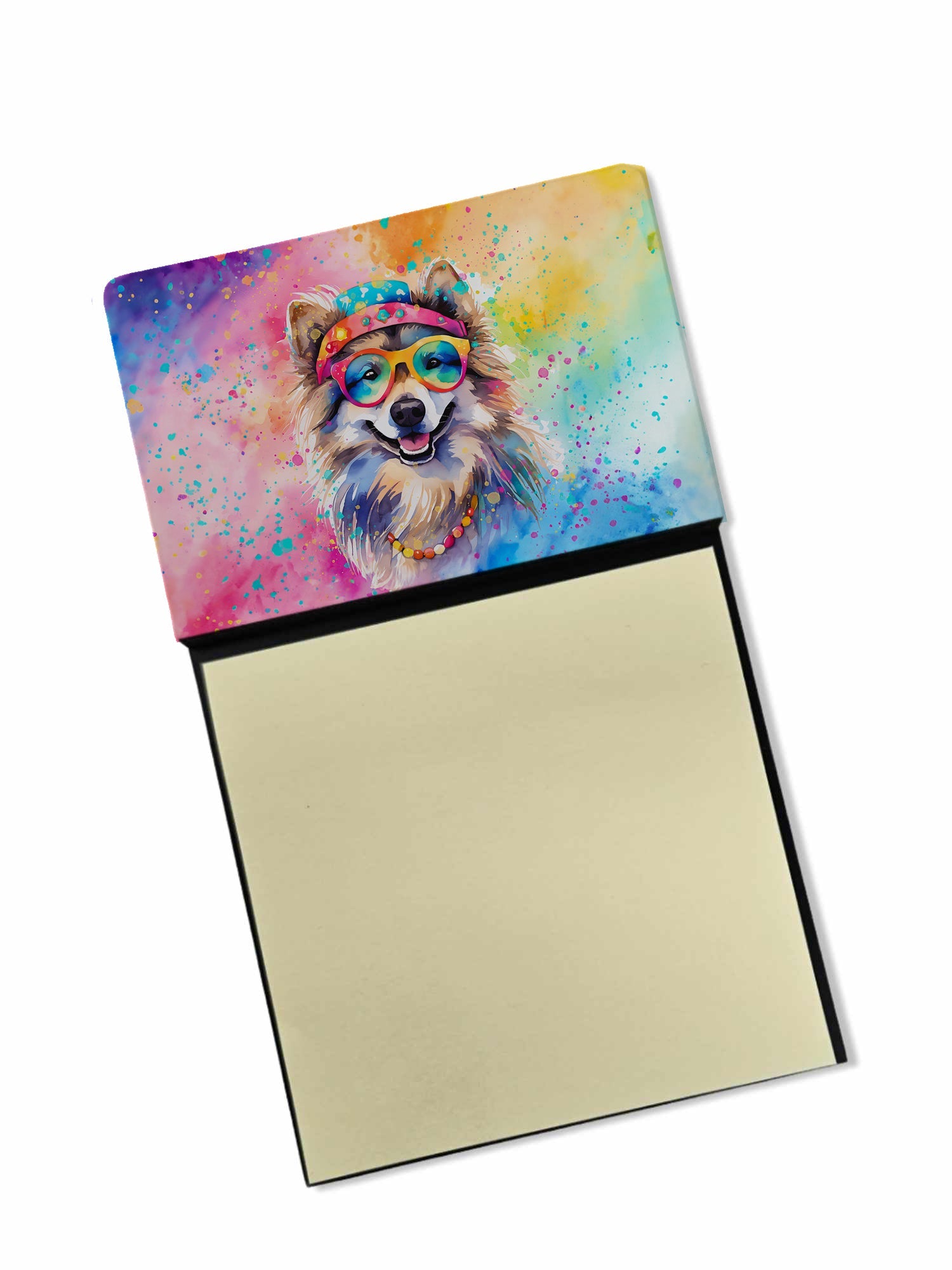 Keeshond Hippie Dawg Watercolor Sticky Note Holder Refillable Dispenser Desk Accessory 3x3 Pad Gift