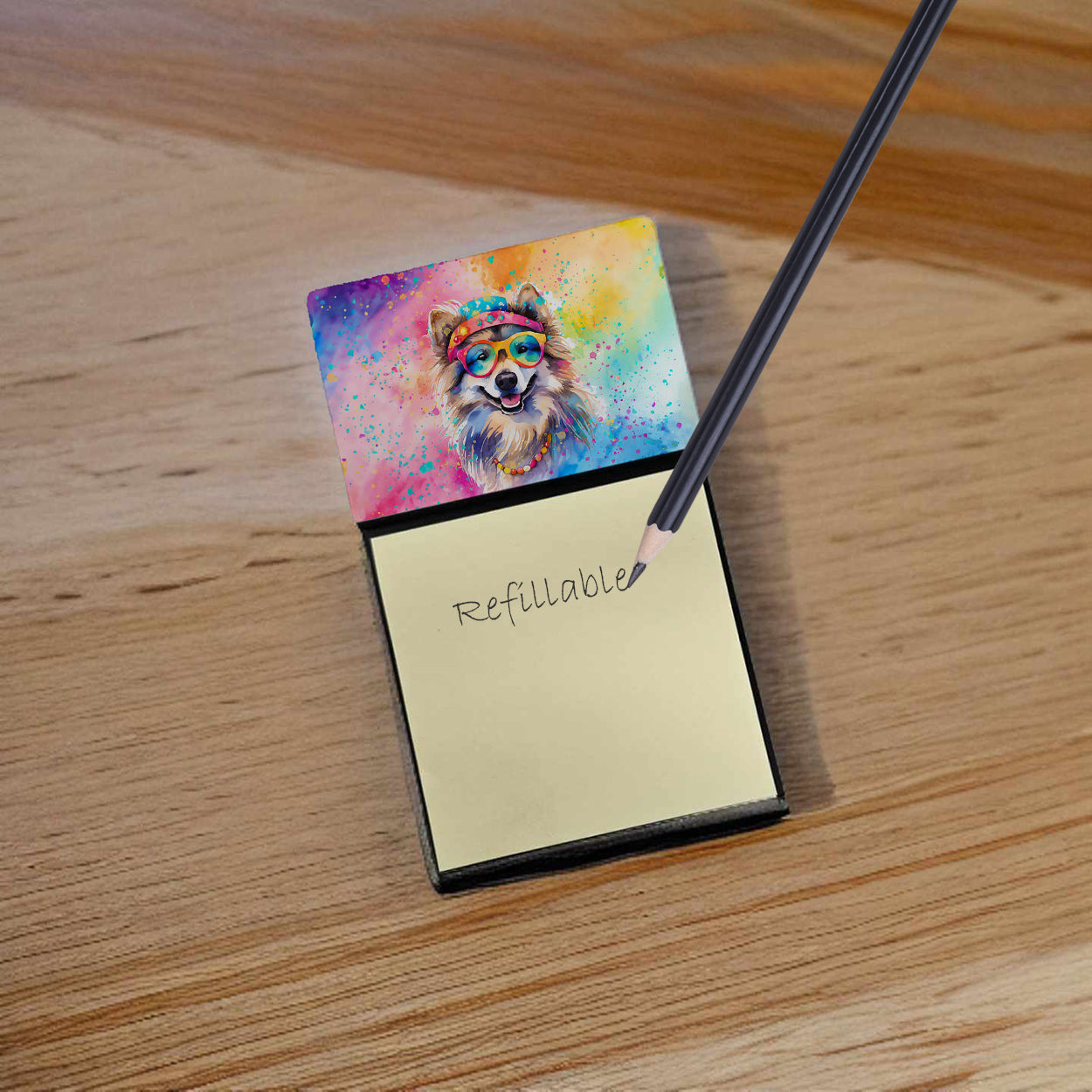Keeshond Hippie Dawg Watercolor Sticky Note Holder Refillable Dispenser Desk Accessory 3x3 Pad Gift