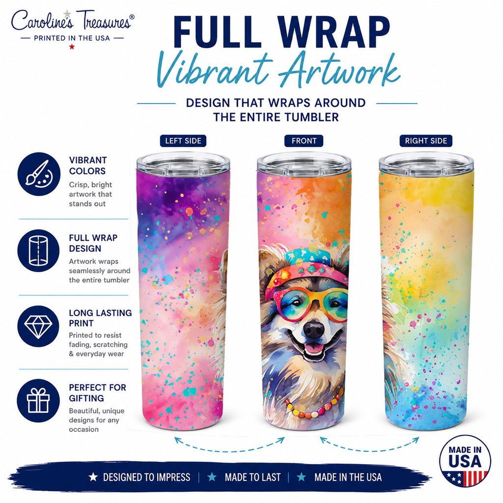 Keeshond Hippie Dawg Stainless Steel Skinny Tumbler 20 oz Vacuum Double Walled Reusable Insulated Travel Cup