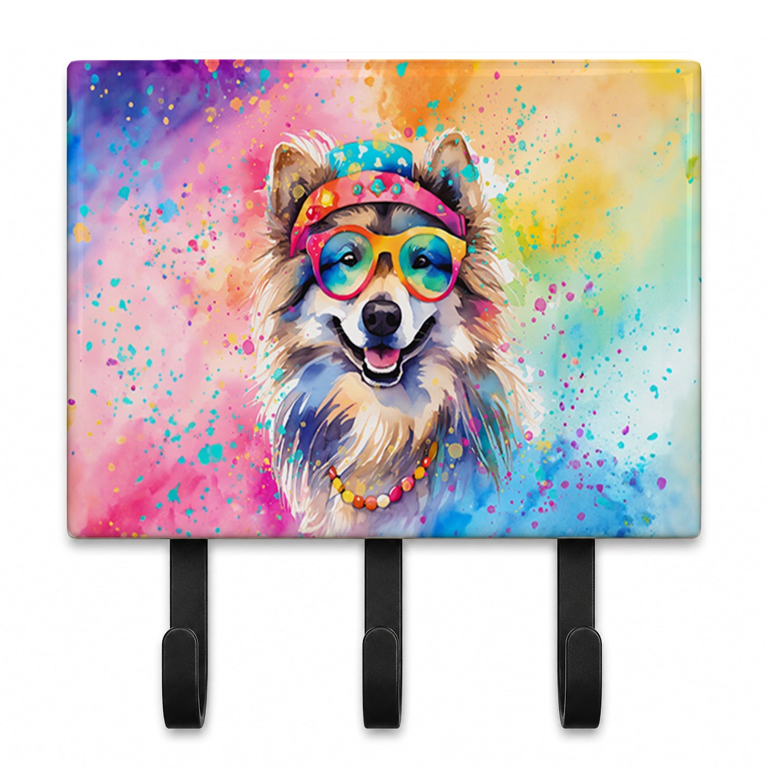 Keeshond Hippie Dawg Leash or Key Holder Wall Hooks, Coat Rack Wall Mount, for Hanging Keys, Towels, Aprons, Leashes