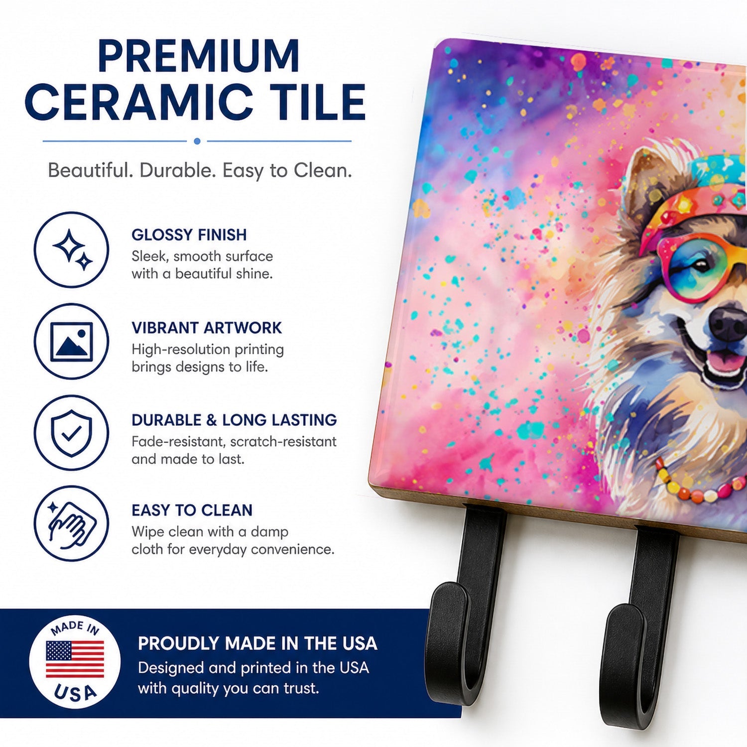 Keeshond Hippie Dawg Leash or Key Holder Wall Hooks, Coat Rack Wall Mount, for Hanging Keys, Towels, Aprons, Leashes
