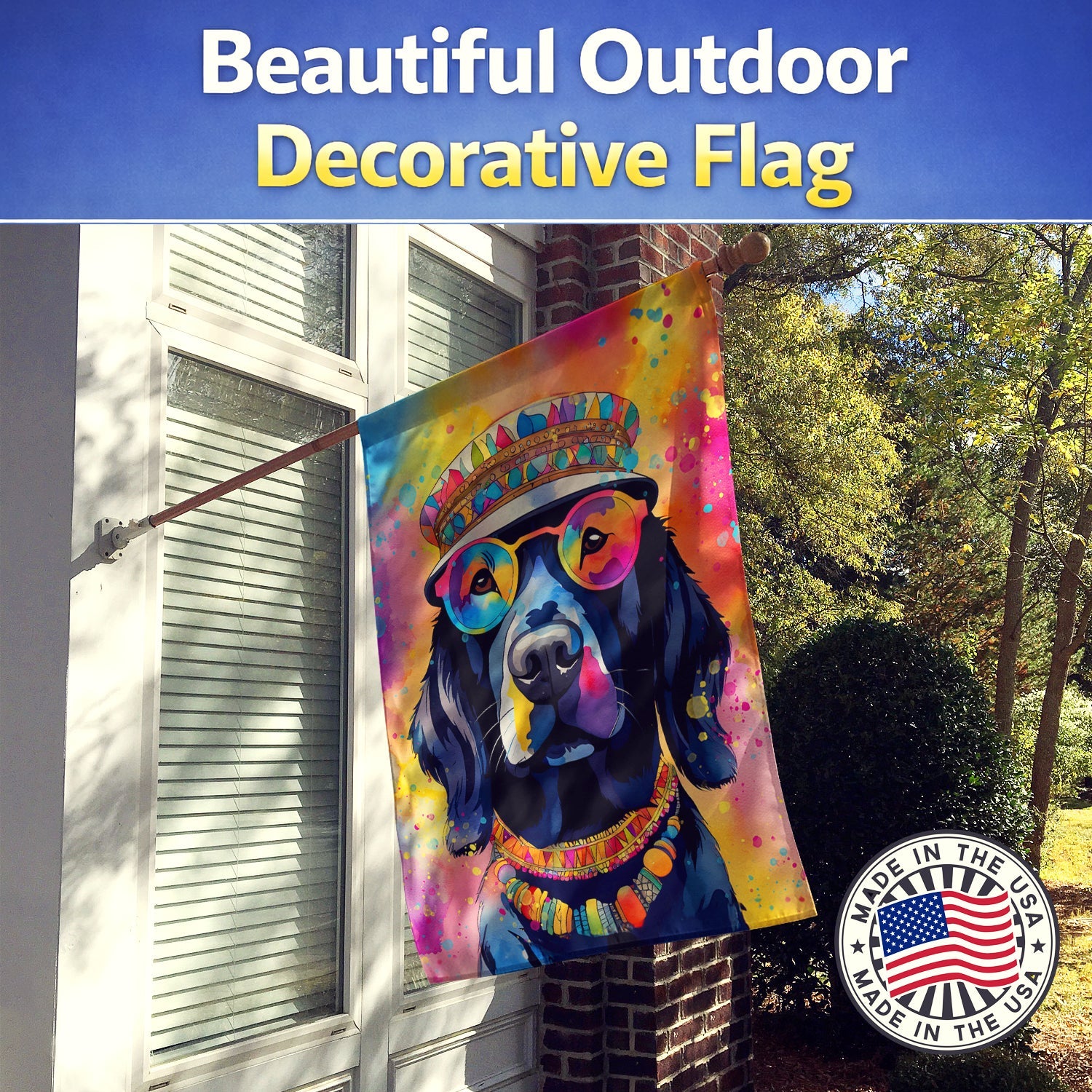 Black Labrador Hippie Dawg House Flag 28x40 Porch Sleeve Pole Decorative Outside Yard Banner Artwork Wall Hanging, Polyester