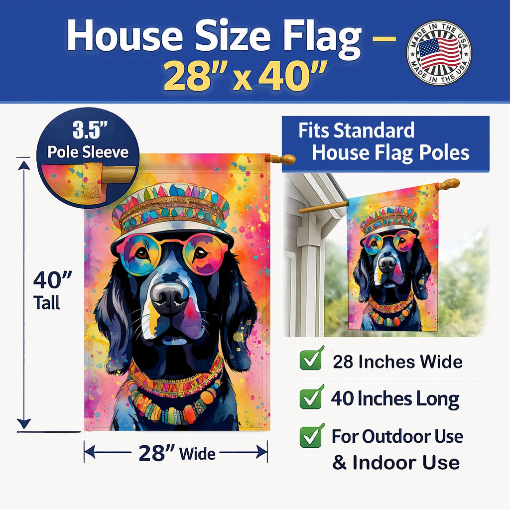 Black Labrador Hippie Dawg House Flag 28x40 Porch Sleeve Pole Decorative Outside Yard Banner Artwork Wall Hanging, Polyester