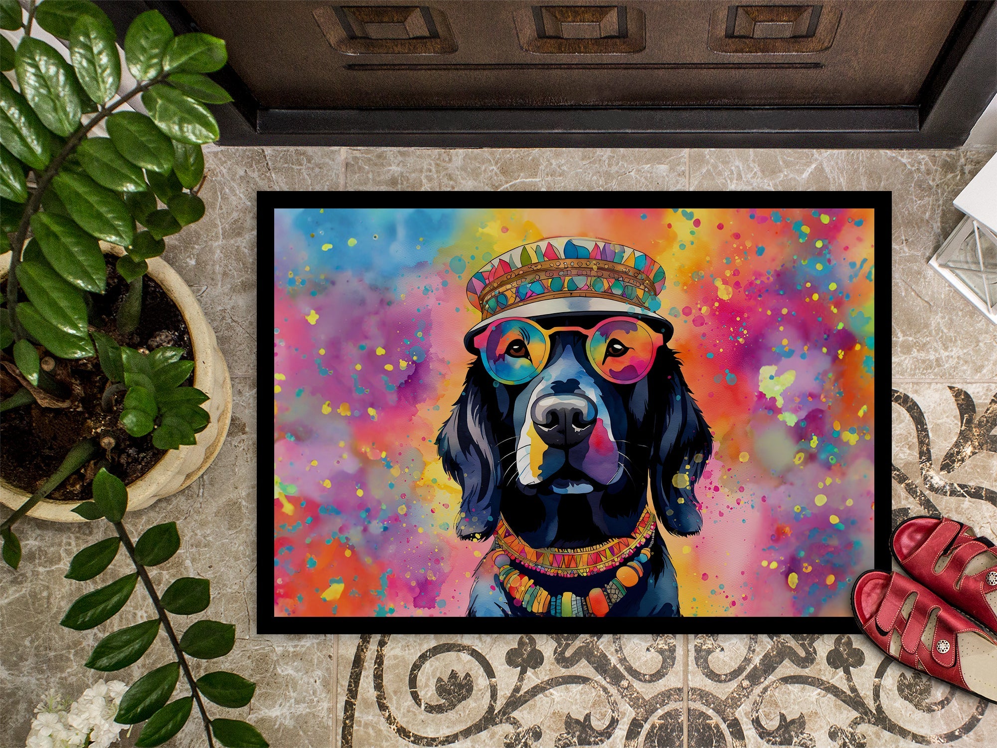 Black Labrador Hippie Dawg Doormat Indoor Outdoor 24H X 36W Front Door Mat Rugs for Entryway, Non Slip Washable Low Pile,