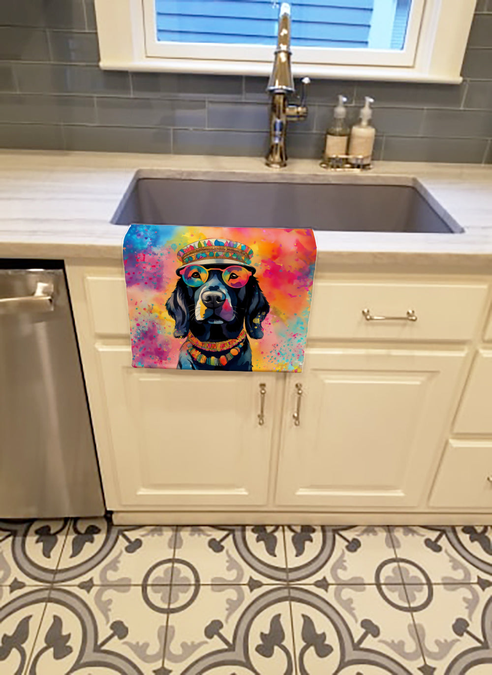 Black Labrador Hippie Dawg Kitchen Towel Velour Plush Front and Cotton Loop Back Machine Washable