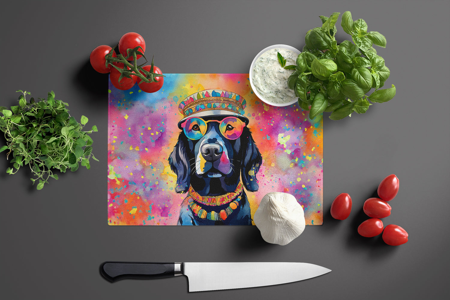 Black Labrador Hippie Dawg Cutting Board Tempered Glass Kitchen Cutting Surface, Heat Resistant Chopping, Non-Slip Feet, Food Prep & Serving