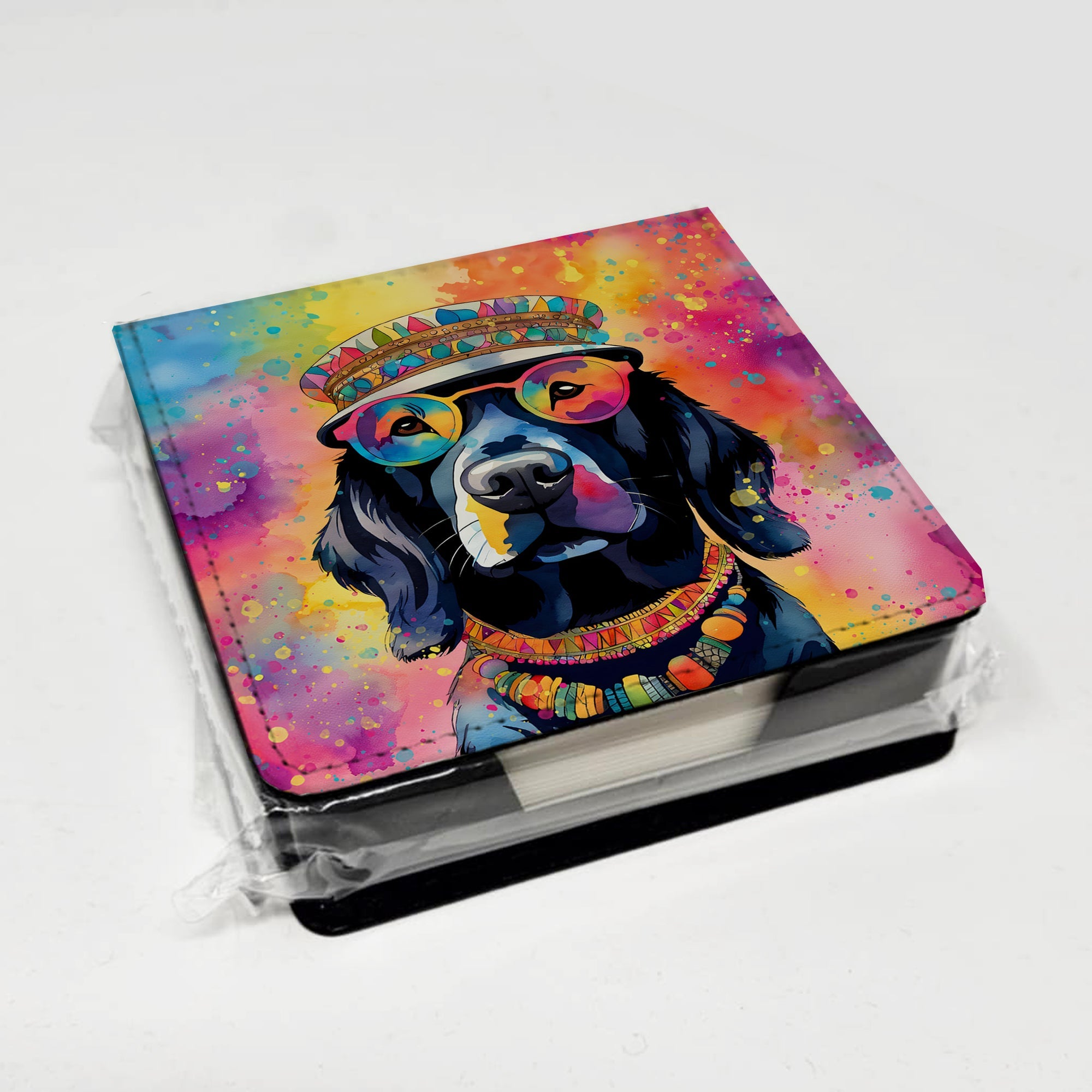 Black Labrador Hippie Dawg PU Leather Note Paper Holder with Artist-Designed Cover, Desk Accessory, Office Gift